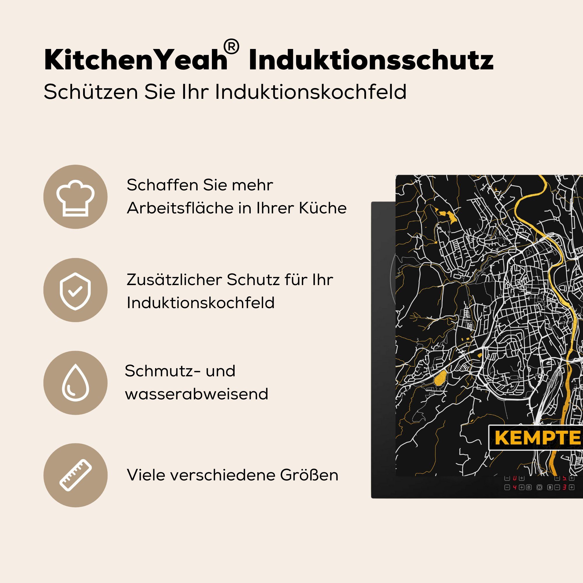 (1 MuchoWow küche cm, Karte Herdblende-/Abdeckplatte 78x78 Ceranfeldabdeckung, Kempten, - Arbeitsplatte Gold Deutschland tlg), für - - Vinyl,