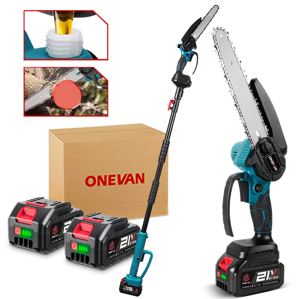 ONEVAN Akku-Hochentaster 2-in-1 Bürstenloser 8 Zoll Mini Kettensäge mit 2x Akkus, Teleskopstange bis 1,7 m Für Baum- und Gartenpflege