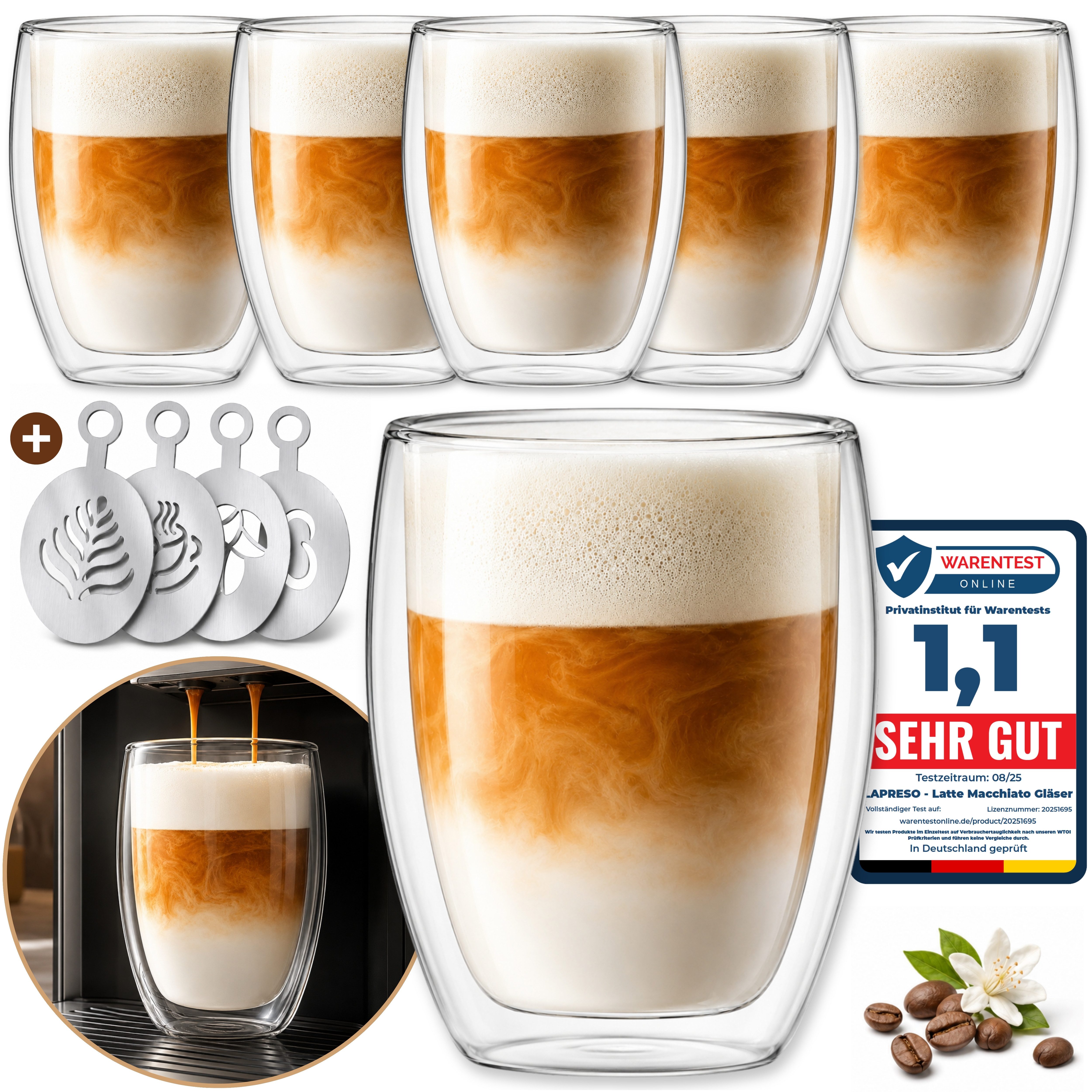 LAPRESO Latte-Macchiato-Glas Doppelwandig, Thermogläser Kaffeegläser Set 350 & 450 ml, 6-tlg., Borosilikatglas, 6er Set, 4x Latte Art Schablonen