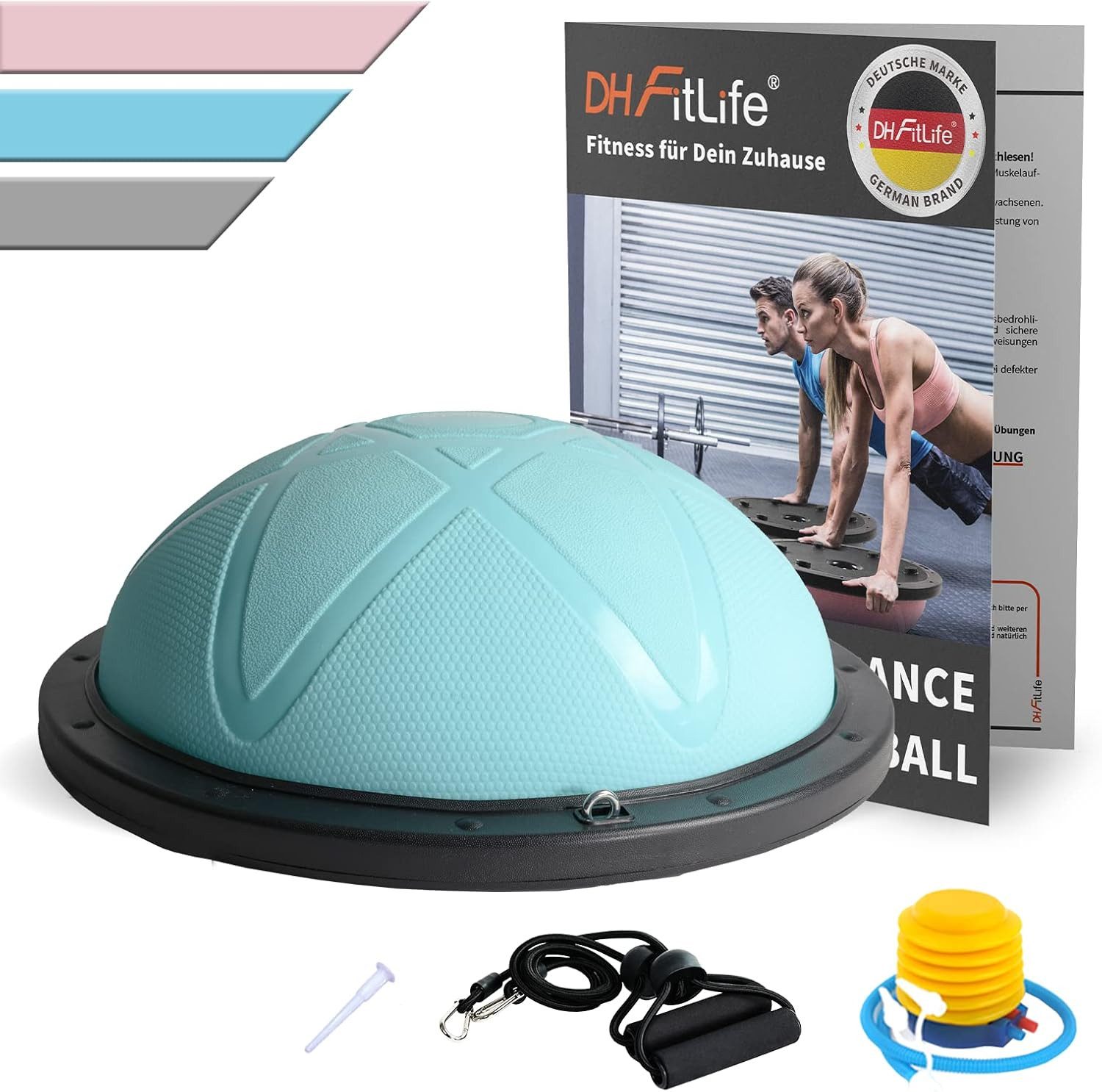 DH FitLife Balanceboard Balance Ball, bosu ball, Yoga Gleichgewichtstrainer, beidseitig einsetzbar, Φ60*22cm bis 200 KG, mit Pumpe & 2 bändern