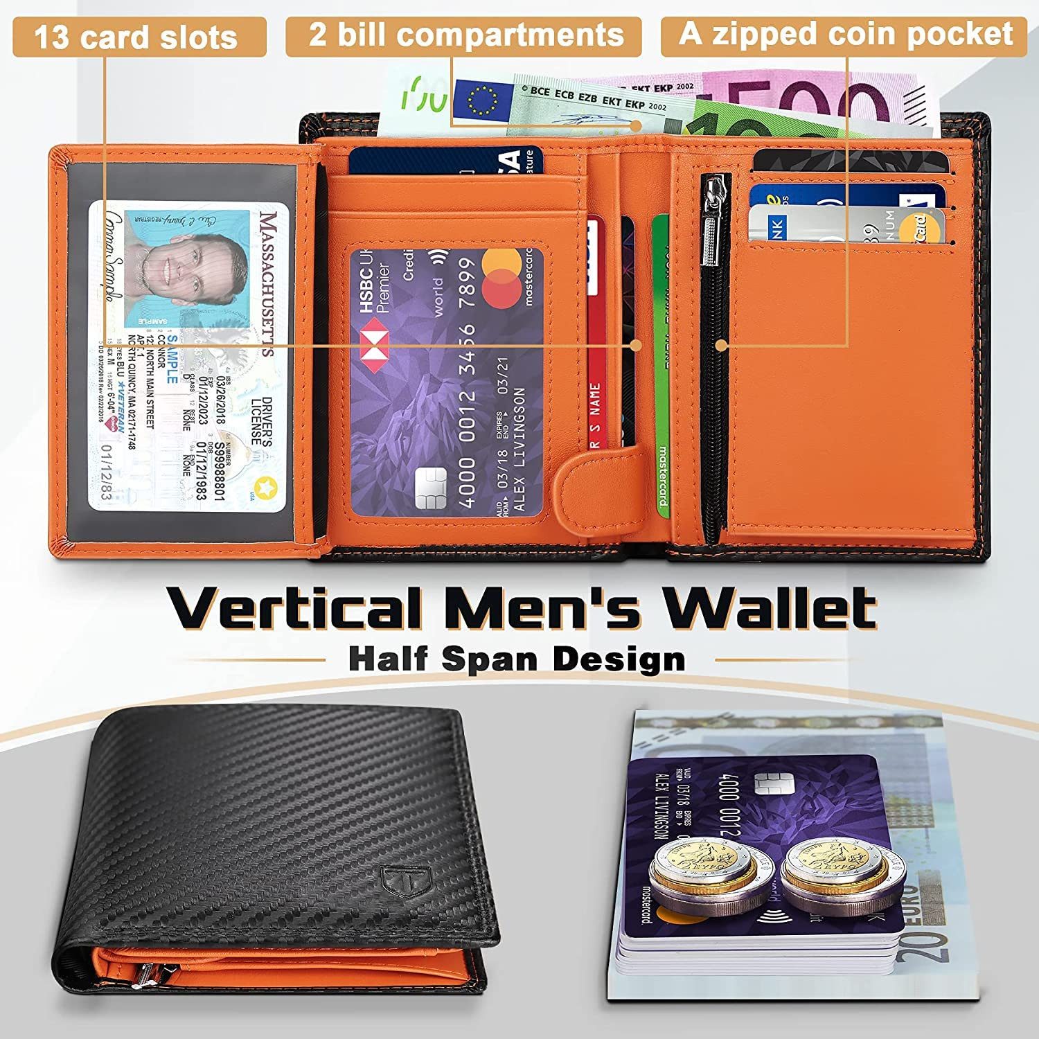 TEEHON Geldbörse Herren-Geldbörse aus echtem Leder, mit RFID/NFC Blockierung (1-tlg., 13 Kreditkartenfächer, 2 Geldscheinfächer), Klassische Geldbörse, mit Geschenkbox, Schwarz
