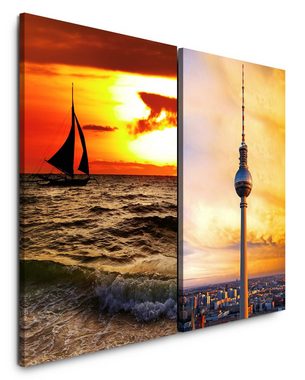 Sinus Art Leinwandbild 2 Bilder je 60x90cm Berlin Fernsehturm Segelboot Sonnenuntergang Meer Wellen Segeln