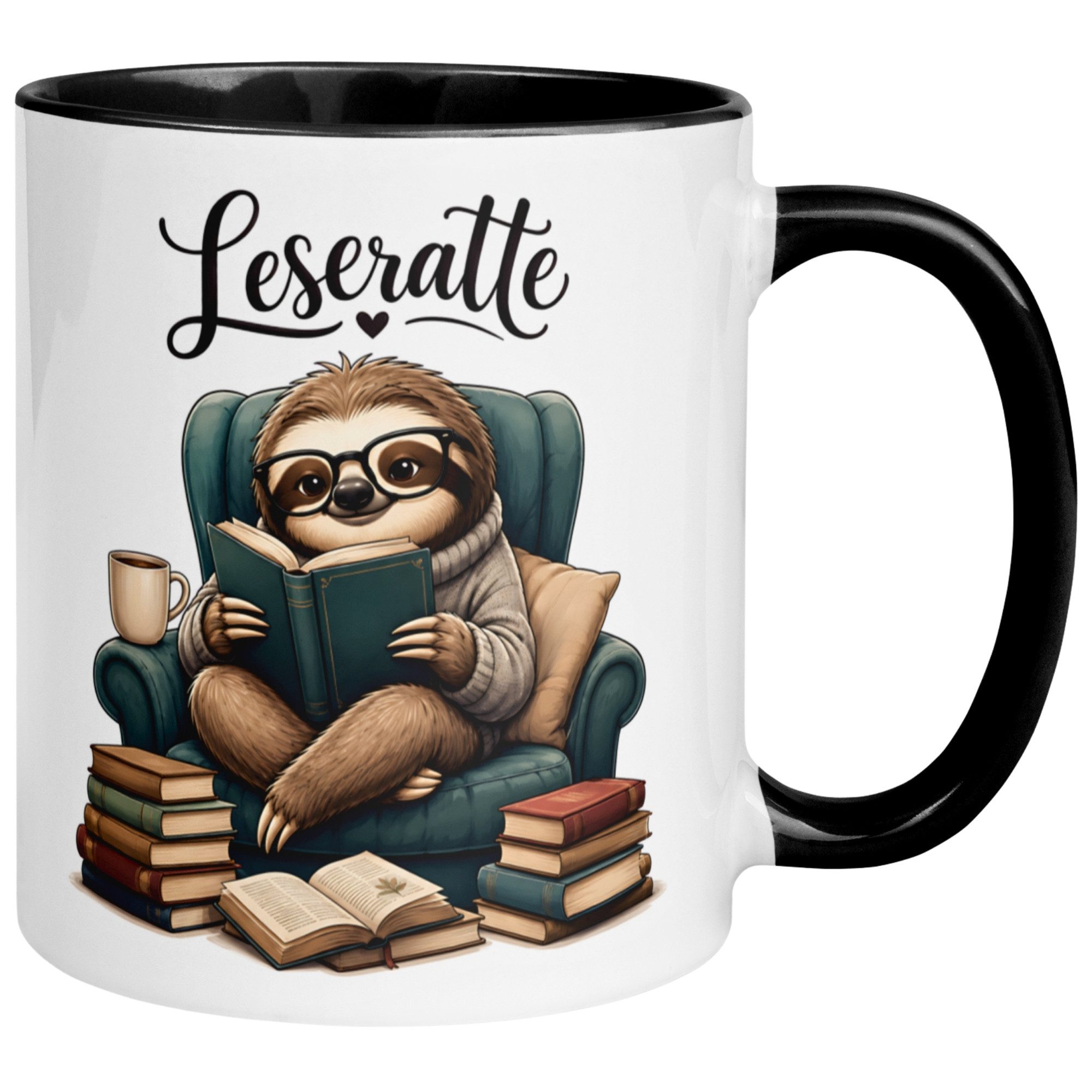 Momentals Tasse Faultier – „Sessel und Buch“ – lustiger Geschenk Becher für Leseratten, 2-seitig bedruckt · Links-&Rechtshänder · Spülmaschinenfest