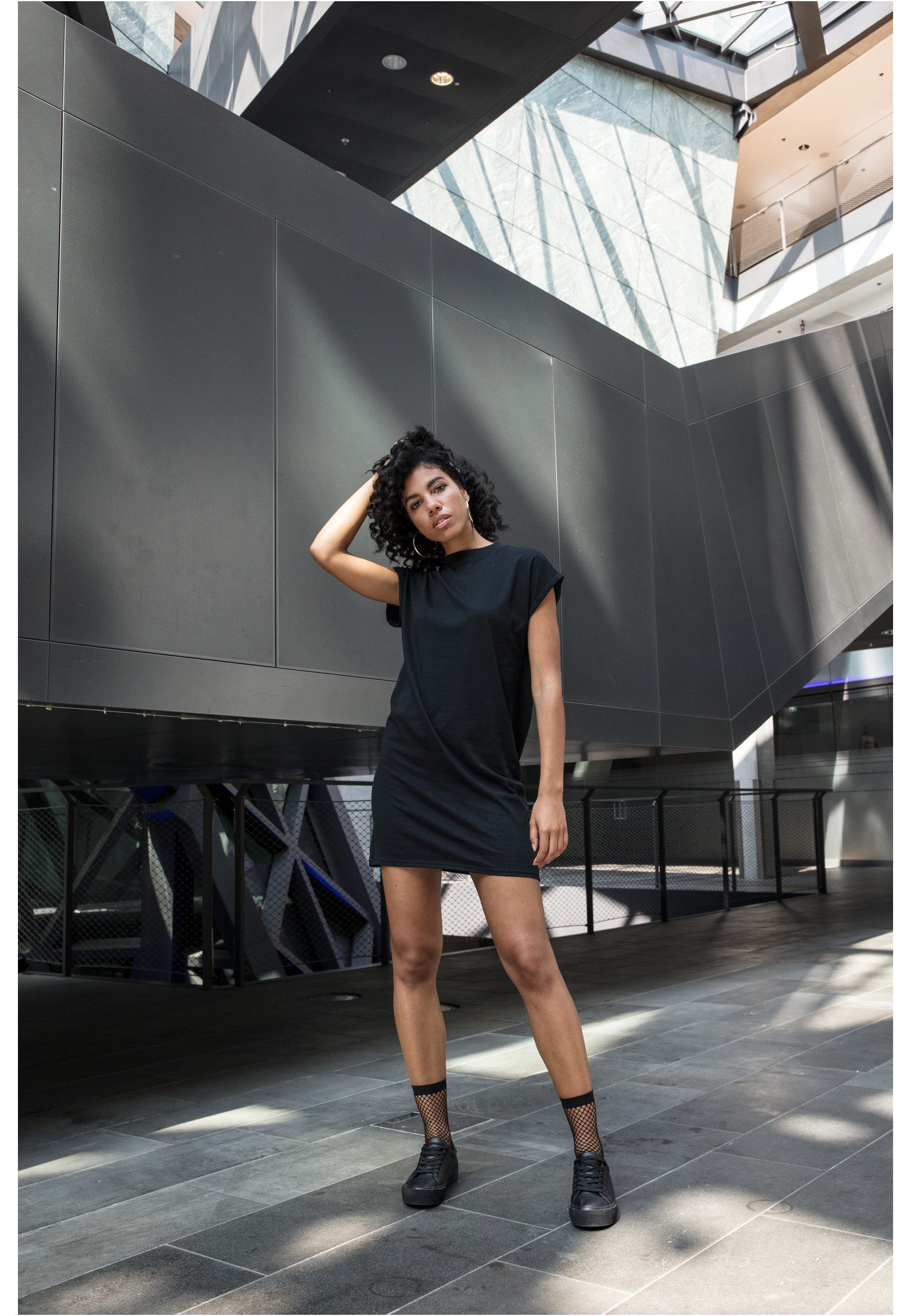 urbandreamz Jerseykleid Damen Kleid überschnittene Schultern Jersey Turn Up Ärmel