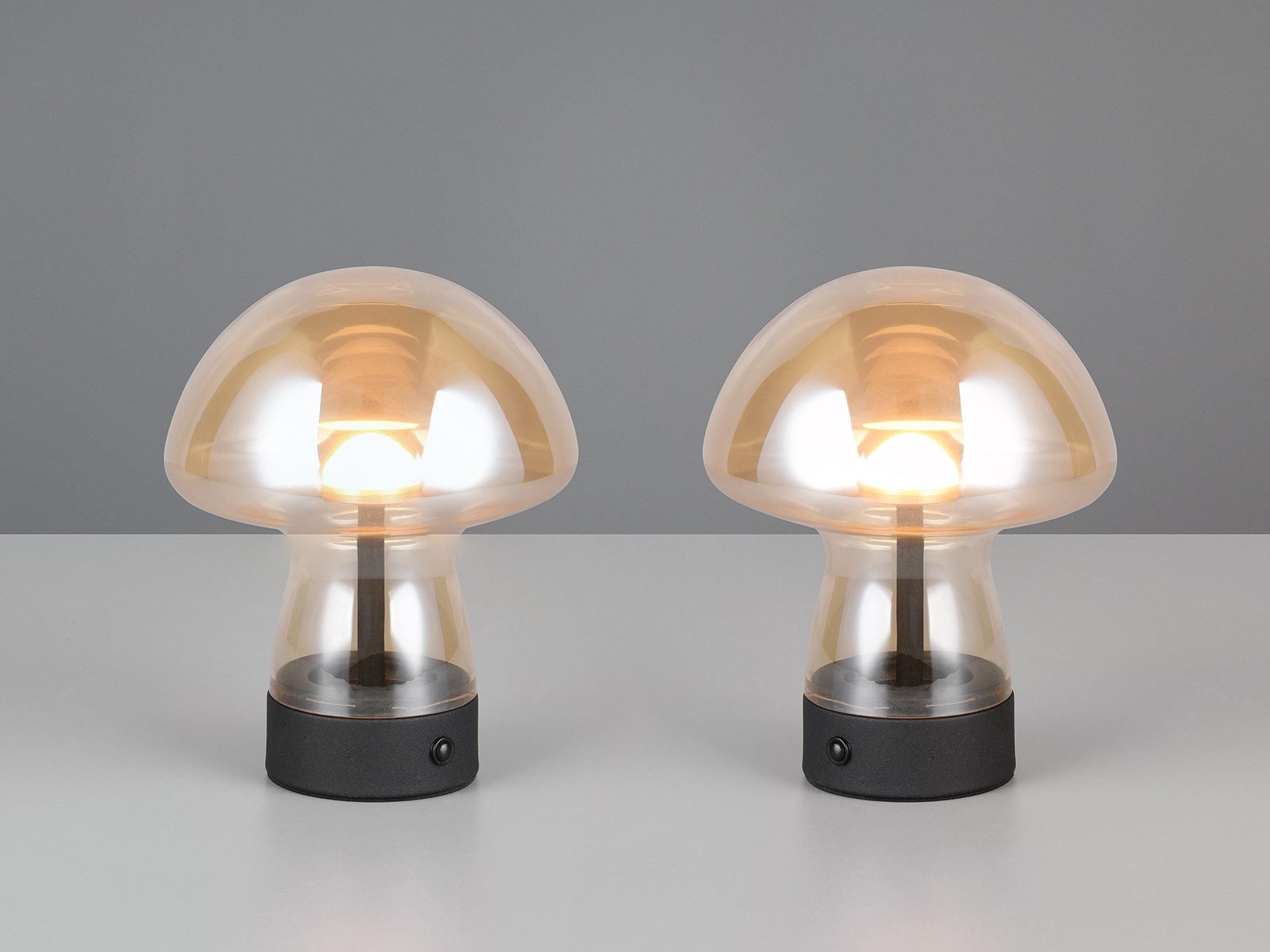 Reality Leuchten LED Tischleuchte, Dimmfunktion, LED fest integriert, Warmweiß, 2er SET kleine kabellose Pilzlampe mit Akku per USB aufladbar, H: 18cm