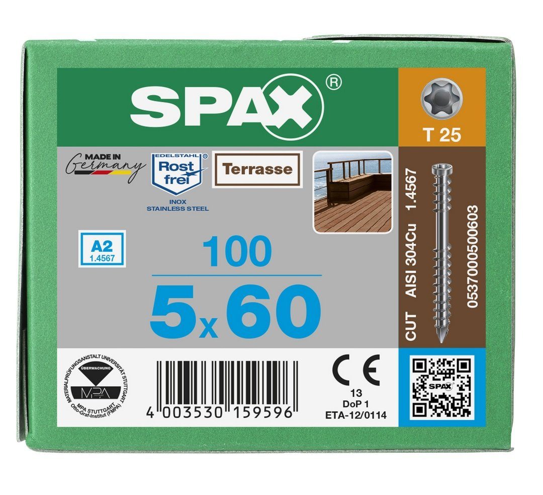Terrassenschraube, mm 100 A2, Spanplattenschraube St), SPAX (Edelstahl 5x60