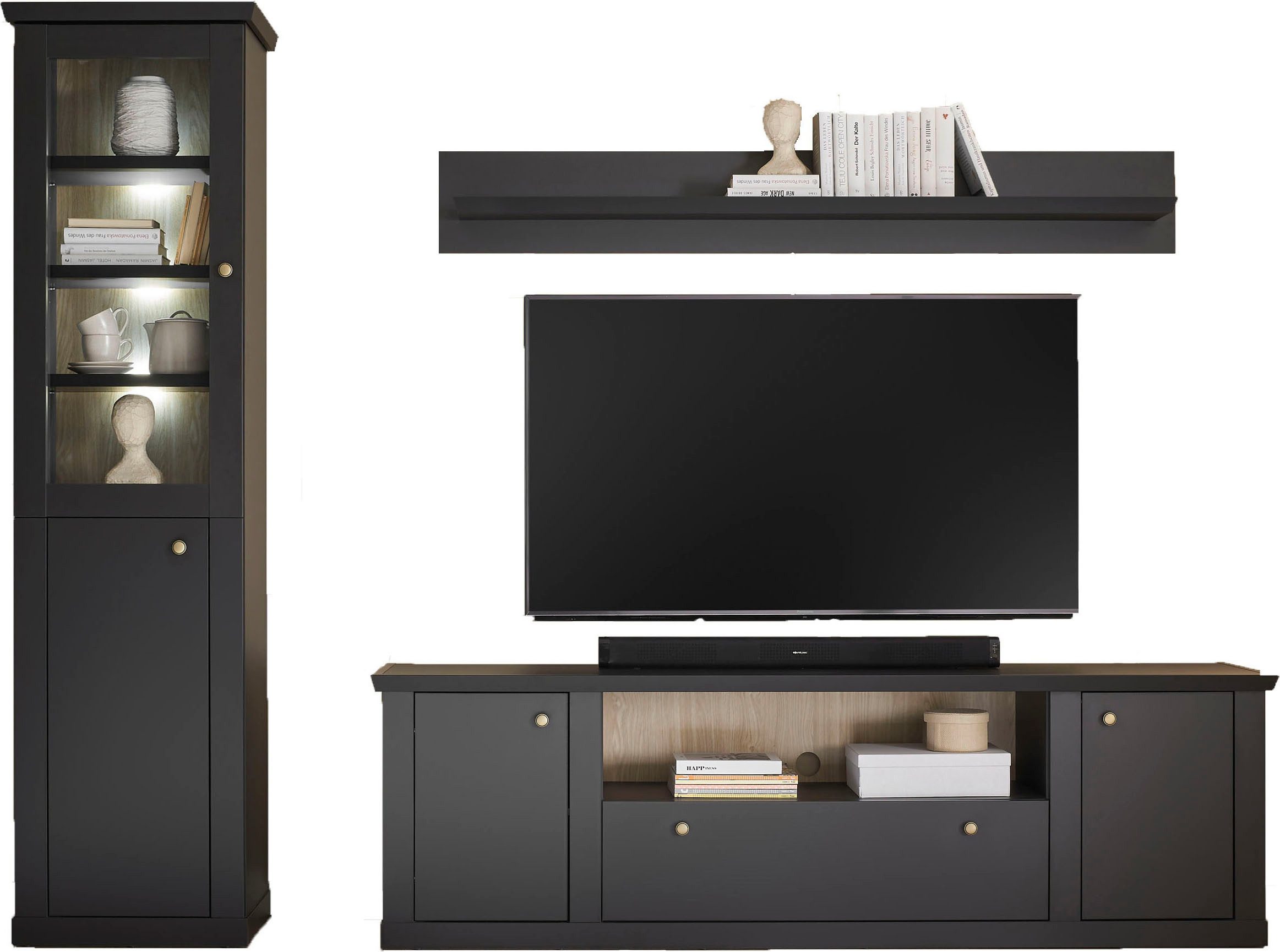 Home affaire Wohnwand Lincoln, moderne Anbauwand, Komplettset im Landhausstil, (Komplett-Set, 3-St), enthält Vitrine, Lowboard und Wandboard, 270 cm breit