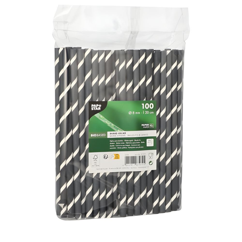 PAPSTAR Trinkhalme Shake-Halme, Papier Ø 8 mm, 20 cm schwarz/weiss Stripes 100 Stk