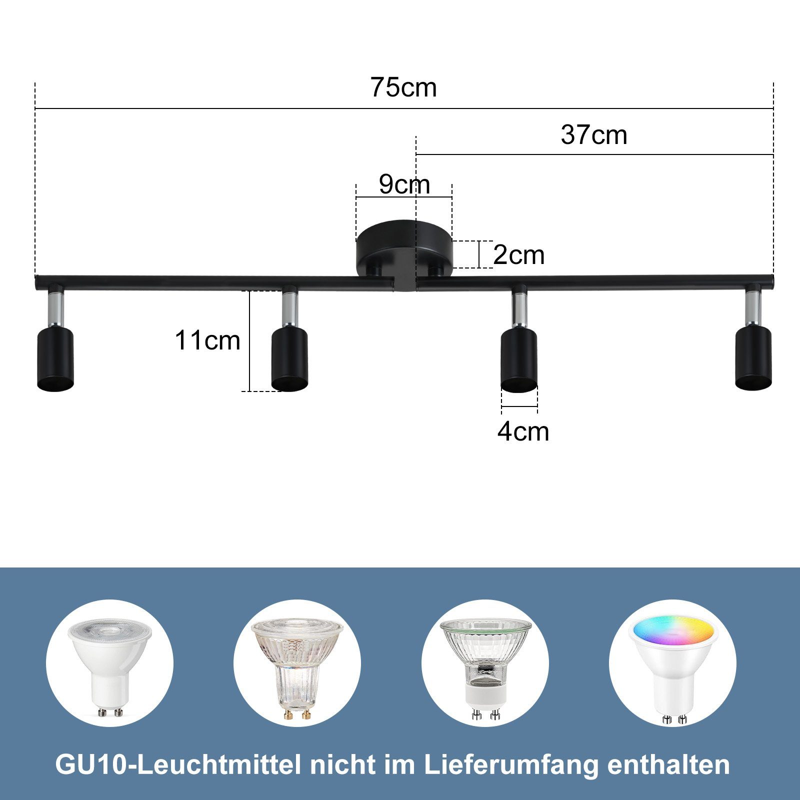 Deckenspot, Edelstahl Decke Modern Spot 4 GU10 - Deckenleuchte Strahler ZMH Schwenkbar Schwarz ohne Wohnzimmer innen, 350°Drehbar Leuchtmittel, Flammig