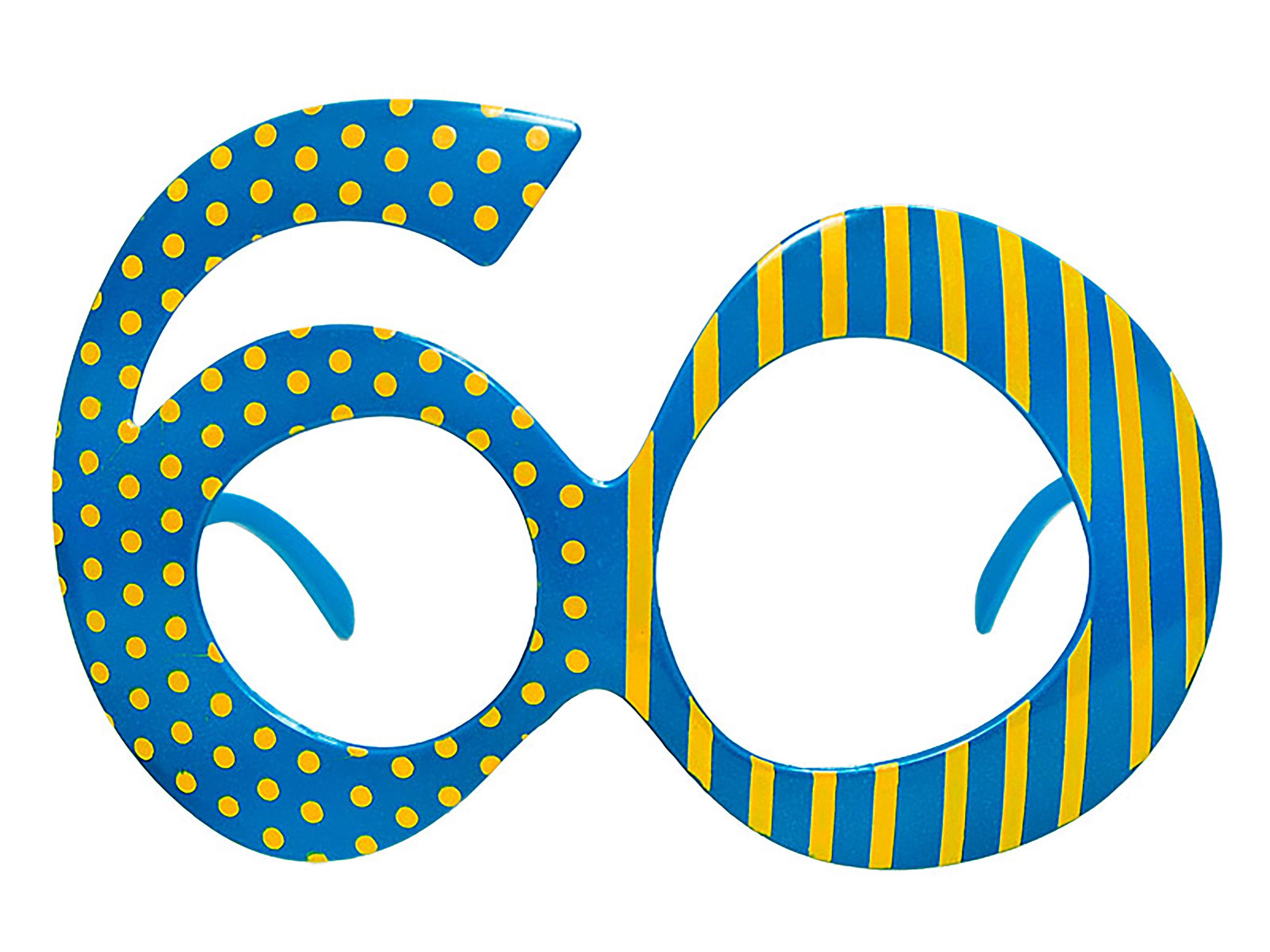 partydeco Kostüm, Partybrille für 60. Geburtstag gestreift und gepunktet Blau Gelb