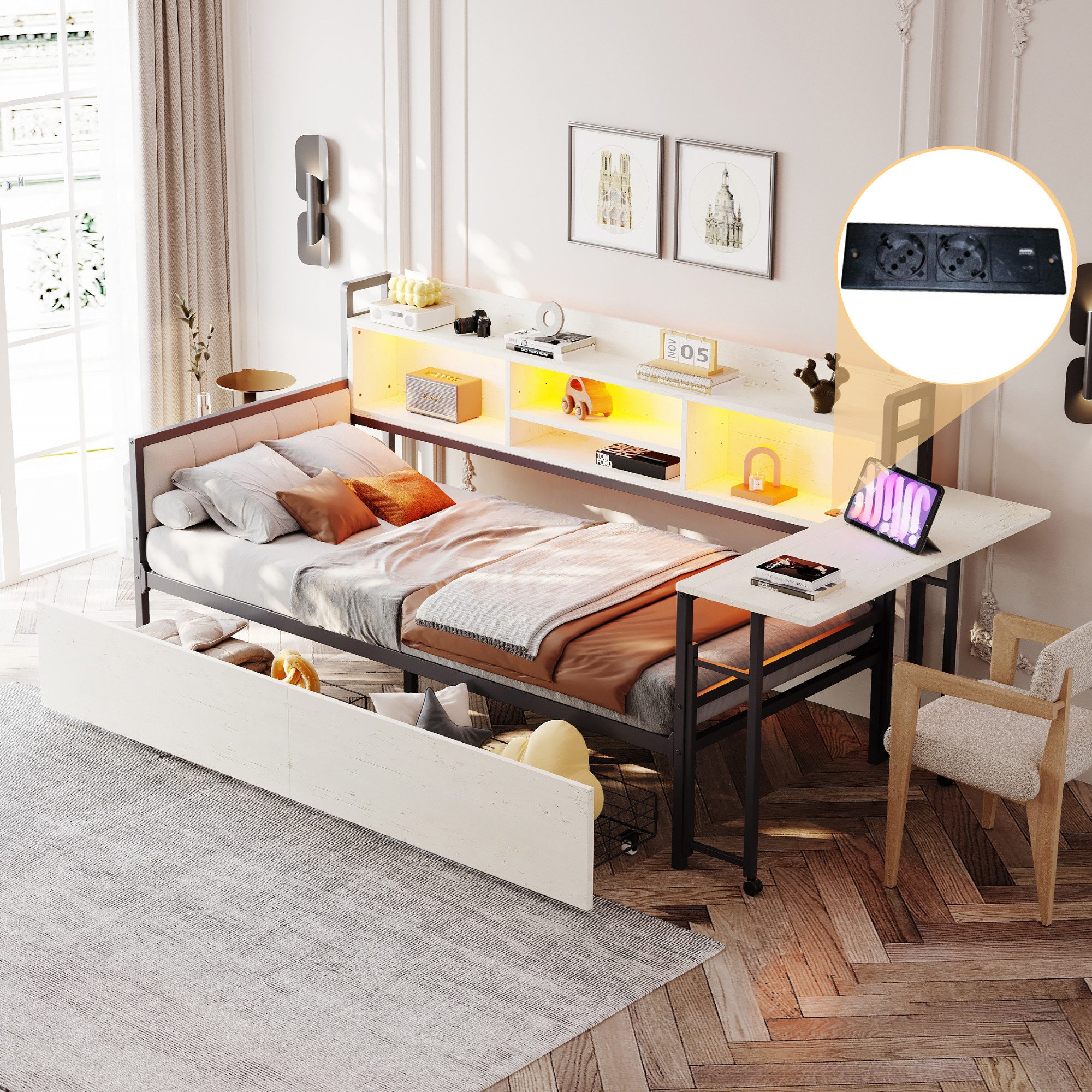 Merax Daybett 90x200cm mit LED-Beleuchtung und Steckdose (Eisen-Sofabett Einzelbett Jugendbett Schlafsofa mit Rückenlehne, 1 tlg), Tagesbett mit Schubladen,ausziehbarem Schreibtisch,Ablagefach,Stauraum