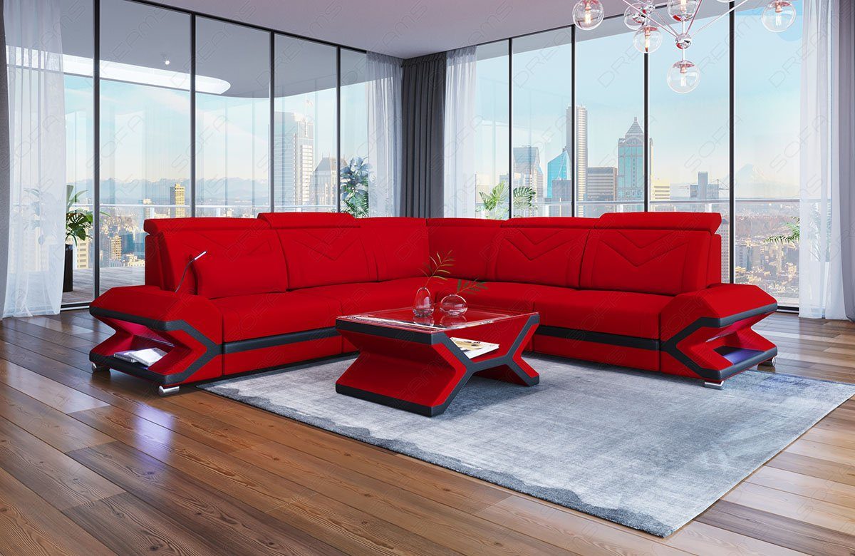 Polstersofa Sorrento Stoff Dreams ausziehbare Rot-Schwarz Stoffsofa Couch C134 LED, mit Sofa Designersofa Form, Ecksofa Bettfunktion, L