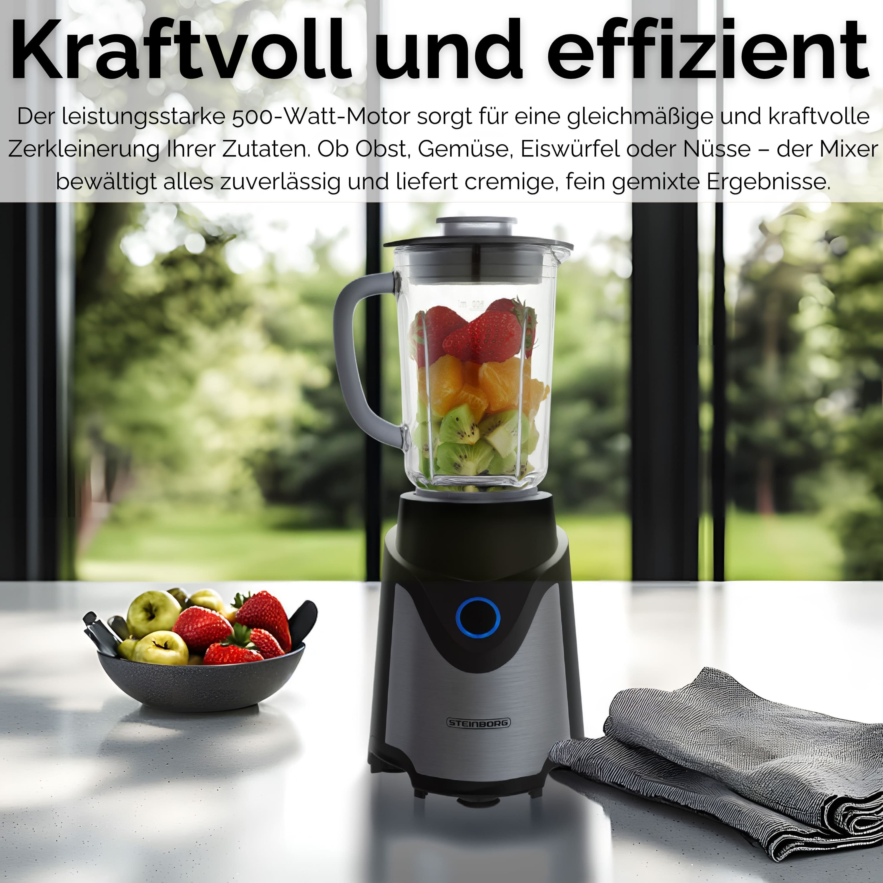 STEINBORG Standmixer SB-7030, 500 W, BPA-Frei,600ml Glaskrug + 570ml To-Go Becher,6-Fach Messer