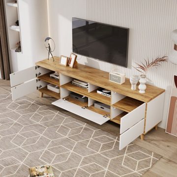 Celya TV-Schrank TV-Schrank, Lowboard, Wohnzimmermöbel in Weiß und Holzfarben Fächern und Türen im natürlichen Landhausstil