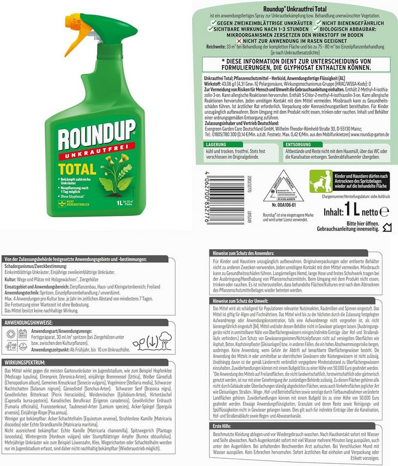 Thumbnail - Evergreen Unkrautbekämpfungsmittel Roundup Unkrautfrei TOTAL, 1 L Sprühflasche