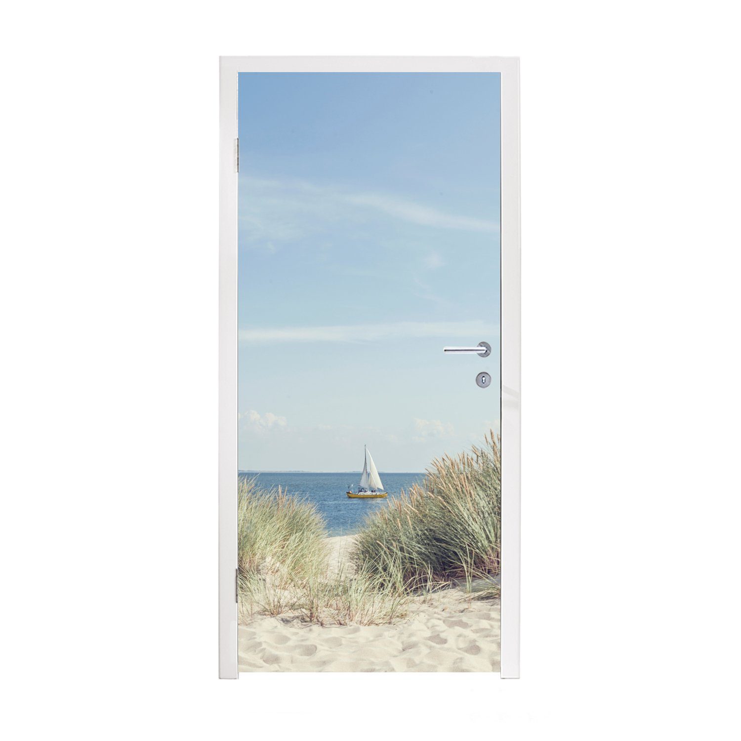 - cm bedruckt, für Türtapete Tür, (1 Türaufkleber, 75x205 MuchoWow St), Boot, Nordsee Matt, Fototapete Dünen -