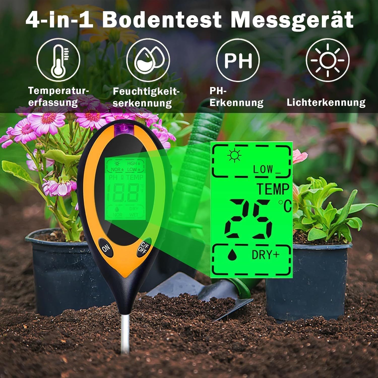 ibettertec Feuchtigkeitsmesser Bodentester, Boden PH-Messer, 4 in 1 Bodenmessgerät Feuchtigkeit, (Fruchtbarkei, Boden-Feuchtigkeitsmessgerät, Bodentest Messgerät für Pflanzen Gartenarbeit Rasen Garten), Fruchtbarkei, Boden-Feuchtigkeitsmessgerät
