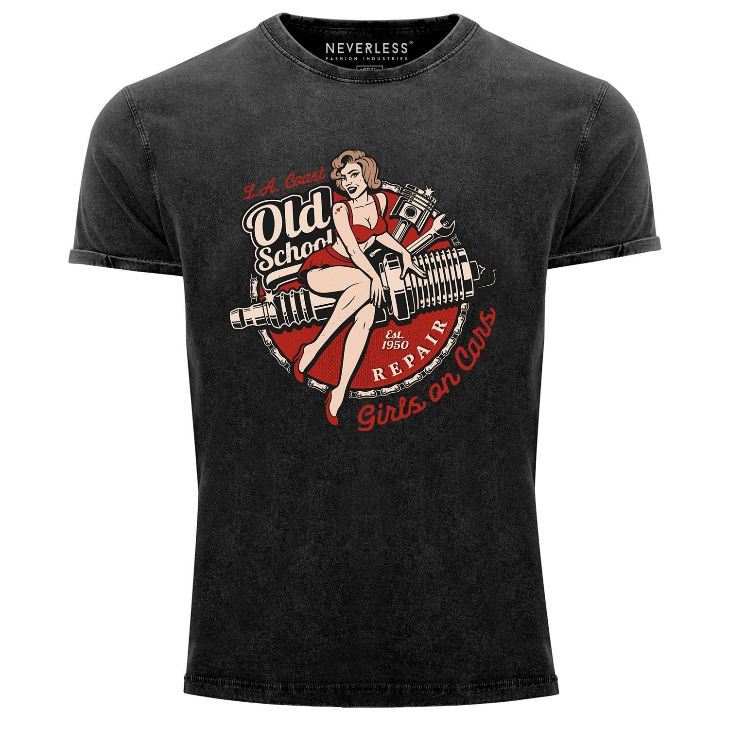 Neverless Print-Shirt Neverless® Herren T-Shirt Vintage Shirt Printshirt Girls on Cars Retro Vintage Print Pin up Girl Logo Aufdruck Used Look Slim Fit mit Print