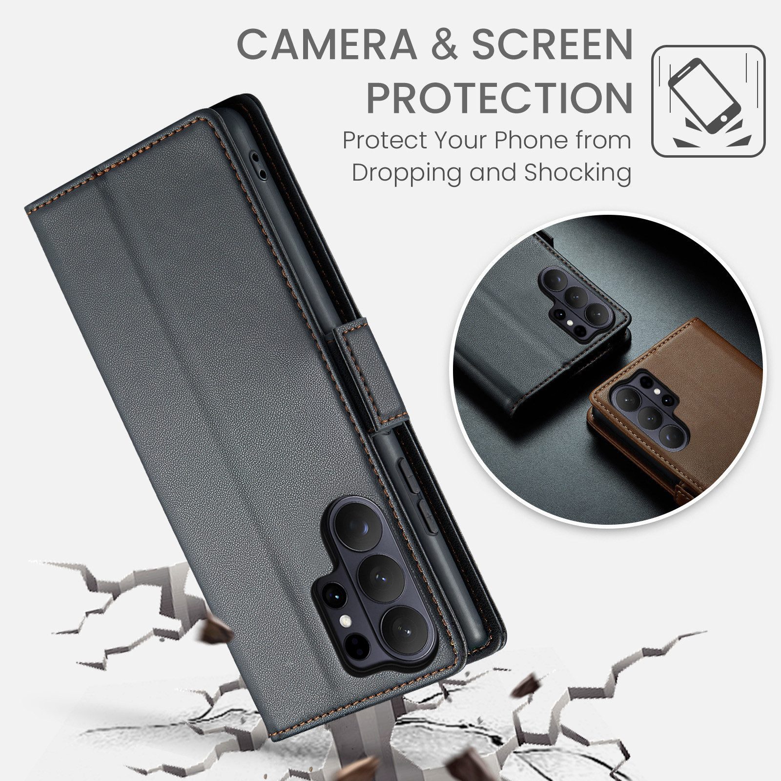 CLM-Tech Handytasche für Samsung Galaxy S26 Ultra 6,9 Zoll PU Leder Klapphülle (schwarz, 1-tlg., Flip Case inklusive Standfunktion und Kartenfächer), Magnetvers – Bild 5 von 5