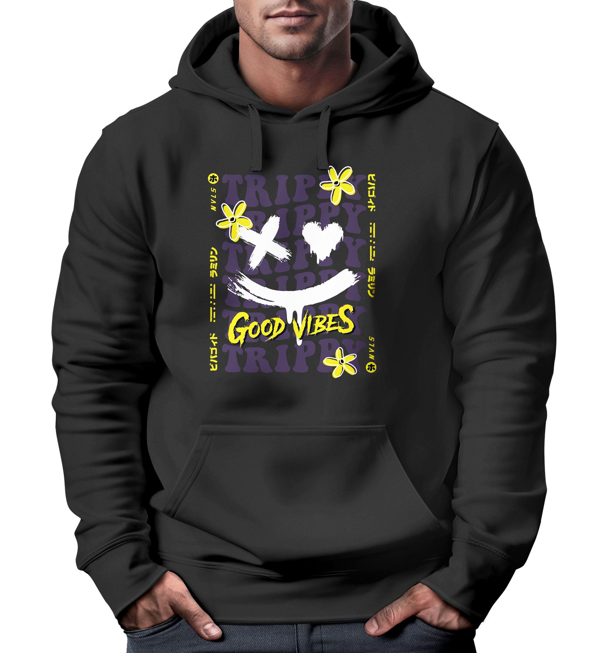 Neverless Hoodie Hoodie Herren Drip Face Smile Good Vibes Herz Blumen Colla günstig online kaufen