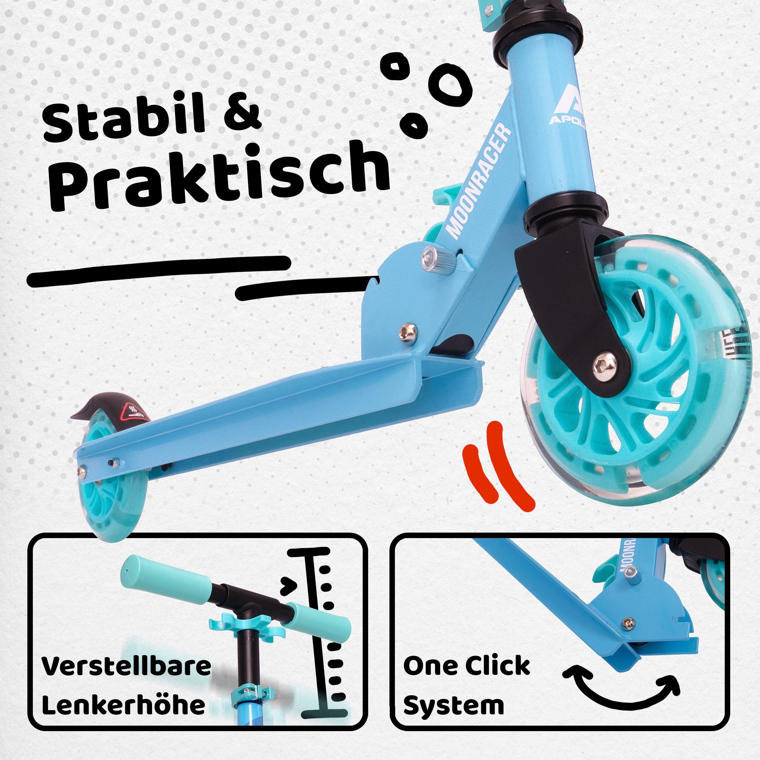 Apollo Cityroller LED City Scooter Moonracer für Kinder - 125 mm Tretroller, Kinderroller ab 4 Jahre klappbar und höhenverstellbar