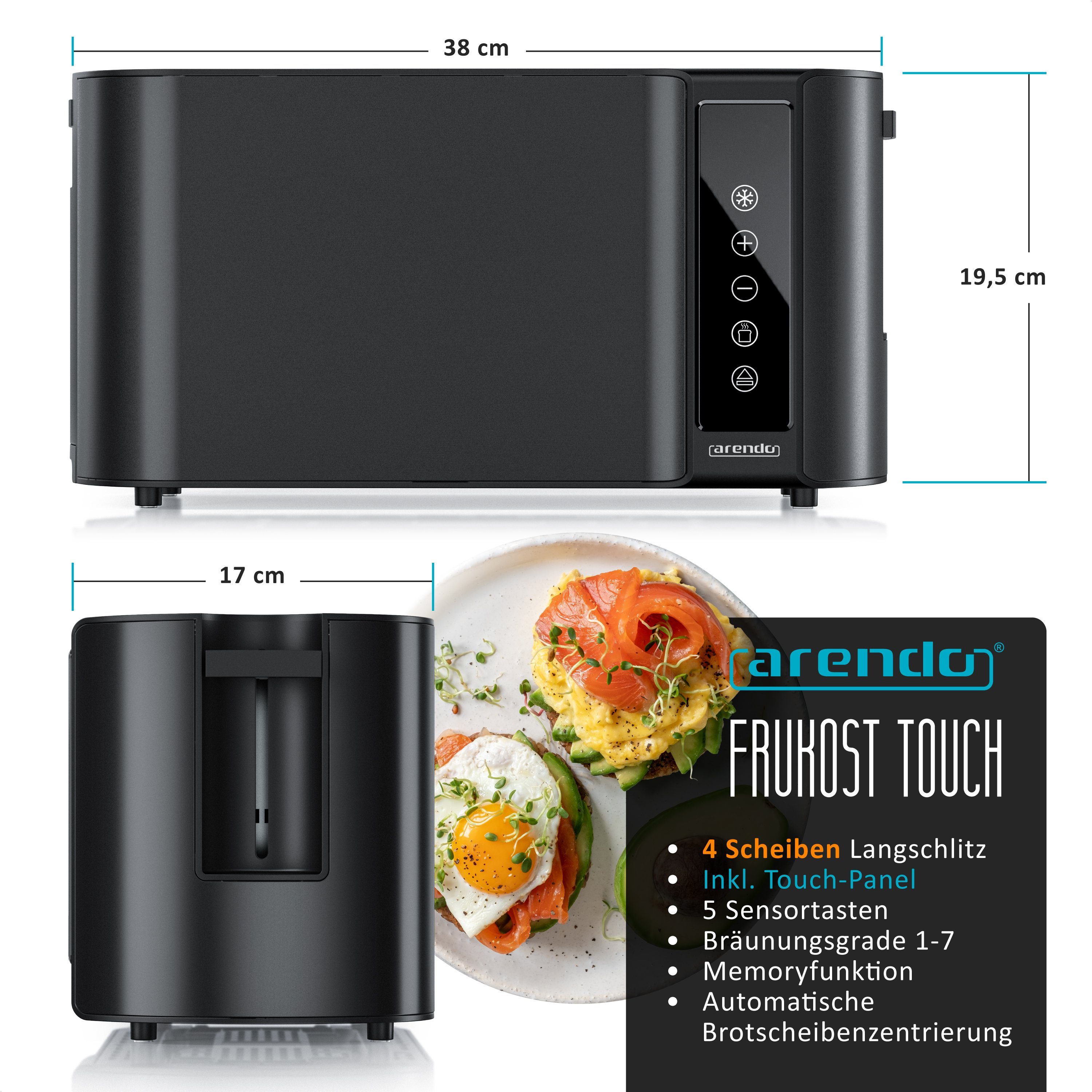 Arendo Toaster 4-Scheiben, Wärmeisoliertes Doppelwandgehäuse, Display Restzeitanzeige, 2 lange Schlitze, für 4 Scheiben, 1500 W, Langschlitz, Brötchenaufsatz, Brotscheibenzentrierung, Touchpanel