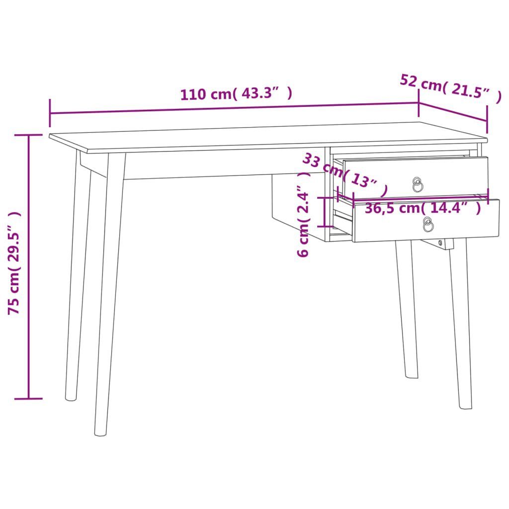 vidaXL Schreibtisch Schreibtisch mit Massivholz 2 Teak 110x52x75 Schubladen cm