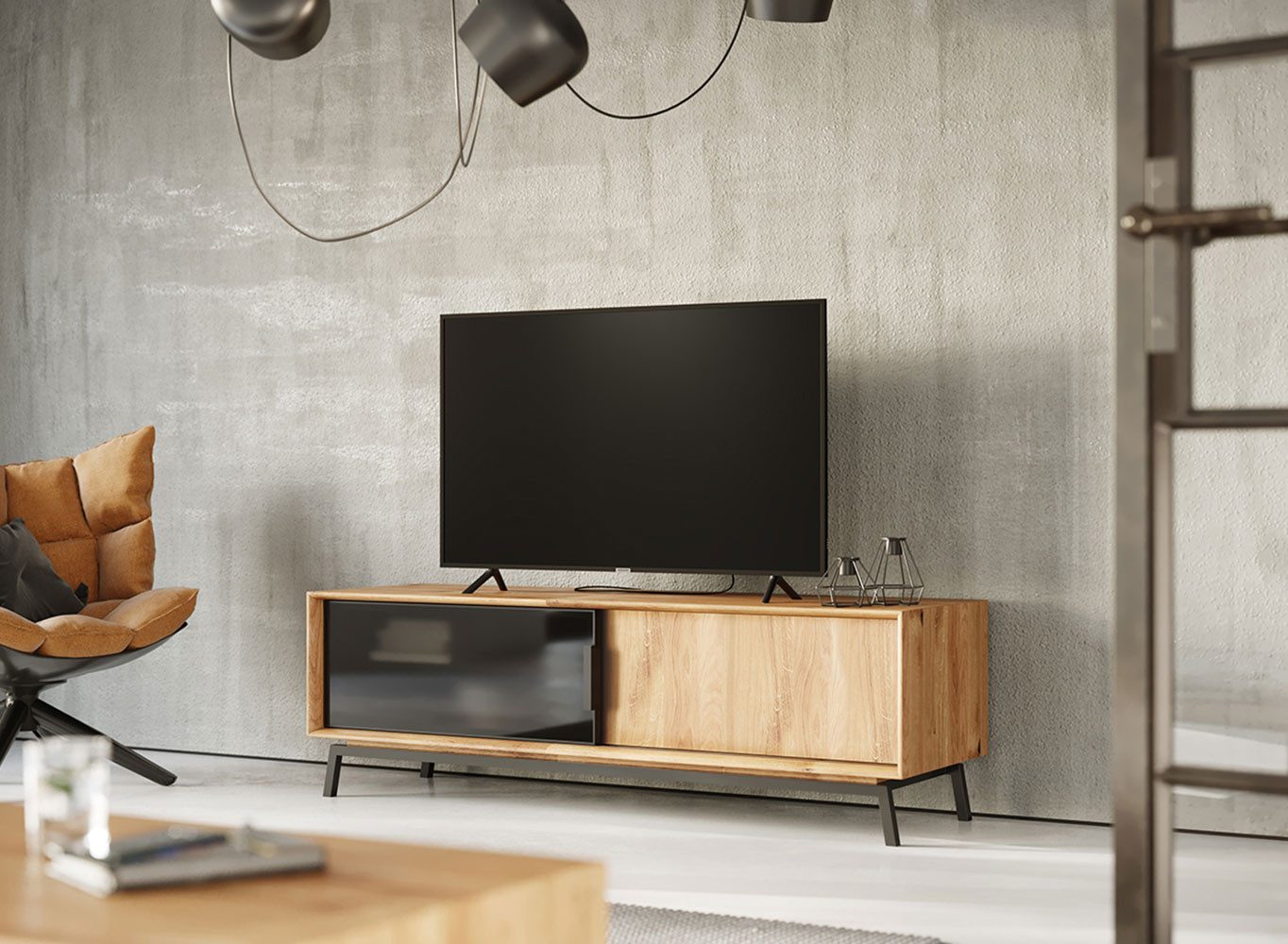 Feldmann-Wohnen Lowboard Modern Loft (2-türig, mit Einlegeböden, mit Glaseinsatz, 1 St., Massivholz, geölte Oberfläche), 200x50x52cm 2-türig Eiche Natur