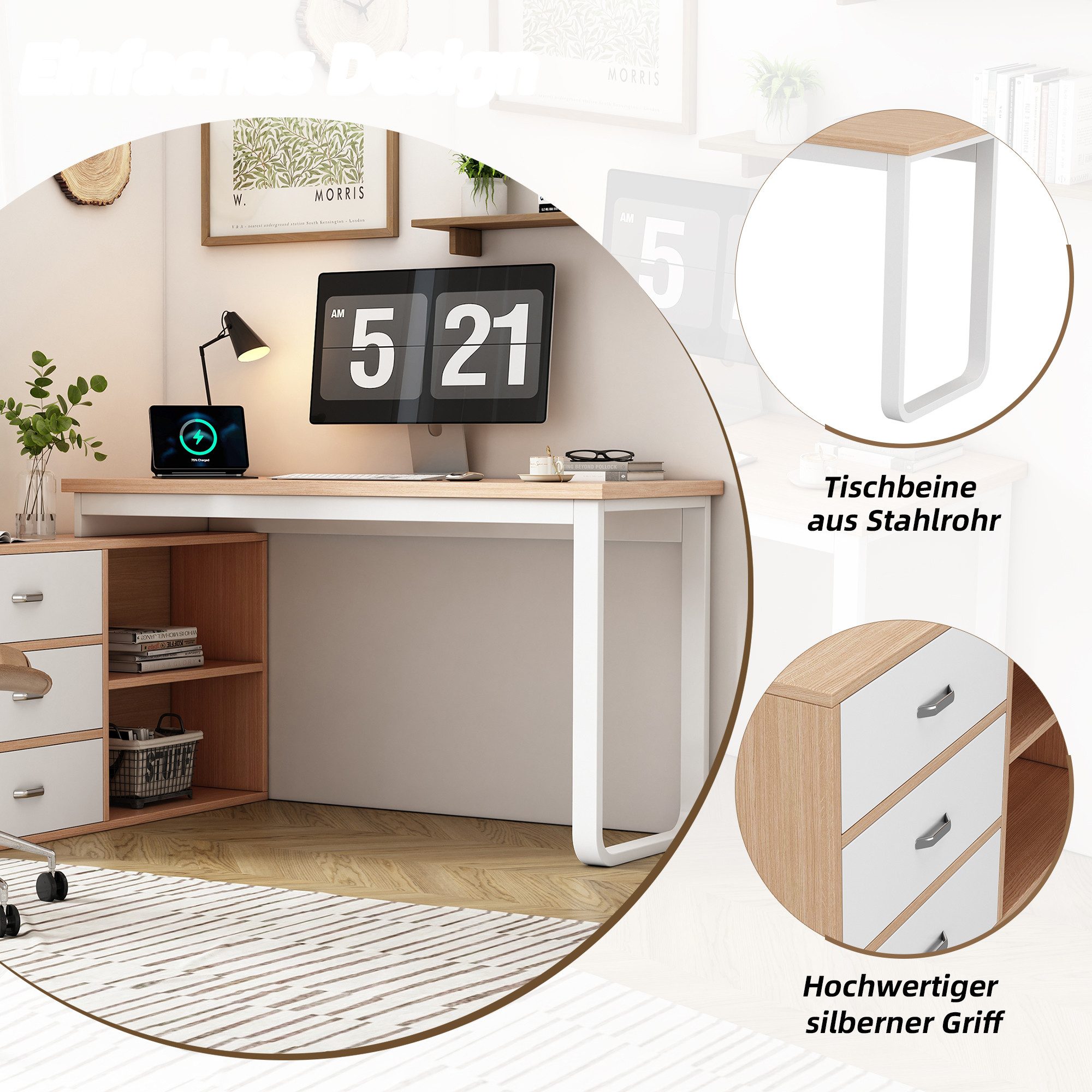 TavilaEcon Schreibtisch mit 3 Schubladen und 2 offenen Ablagefächern, Tischbeineaus Stahlrohr, mit breiter und dicker Tischplatte, weiß+natur