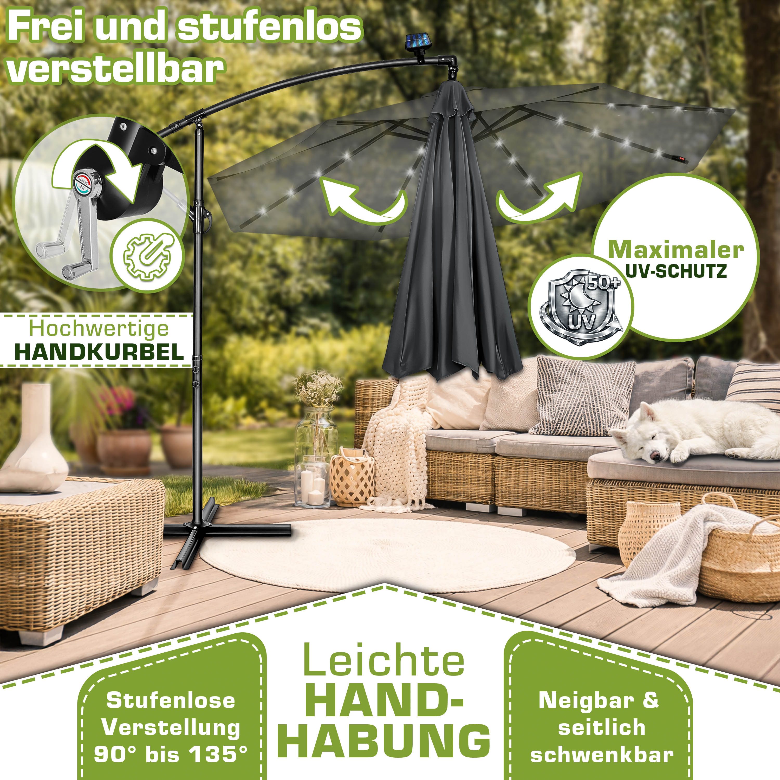 tillvex Sonnenschirm tillvex® Sonnenschirm LED Solar Ø 3m Ampelschirm Balkon Gartenschirm, Alu Ampelschirm + Abdeckung LED Solar Ø 350 cm mit Kurbel, Abdeckung  – Bild 3 von 5