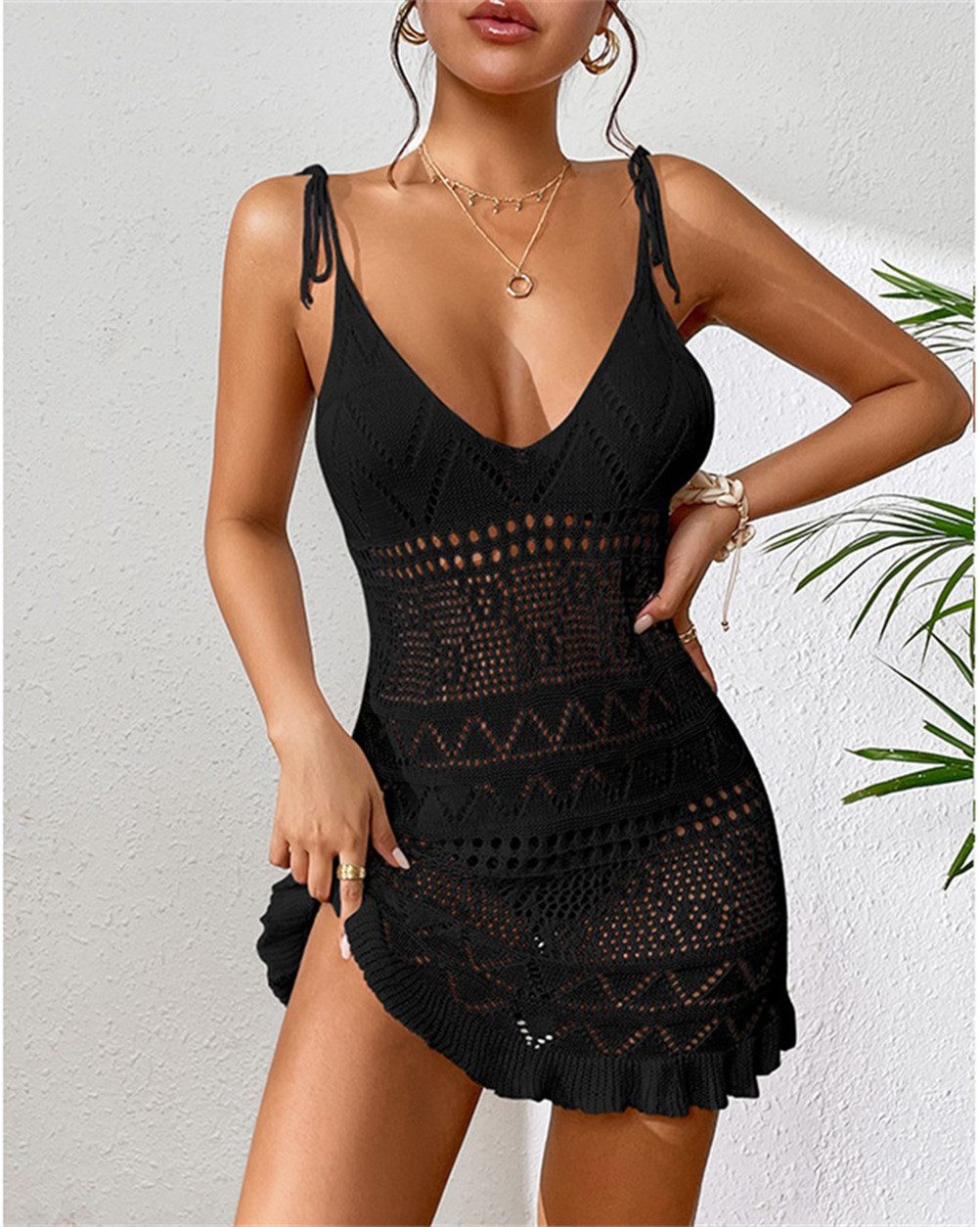 MOPUEA Blusenkleid Kurzes Damen Strandkleid aus Netzstoff Tief V Rückenfrei Transparent (1-tlg) Minikleid rückenfrei ärmellos mit Cut-out im Strandstil Einteiler