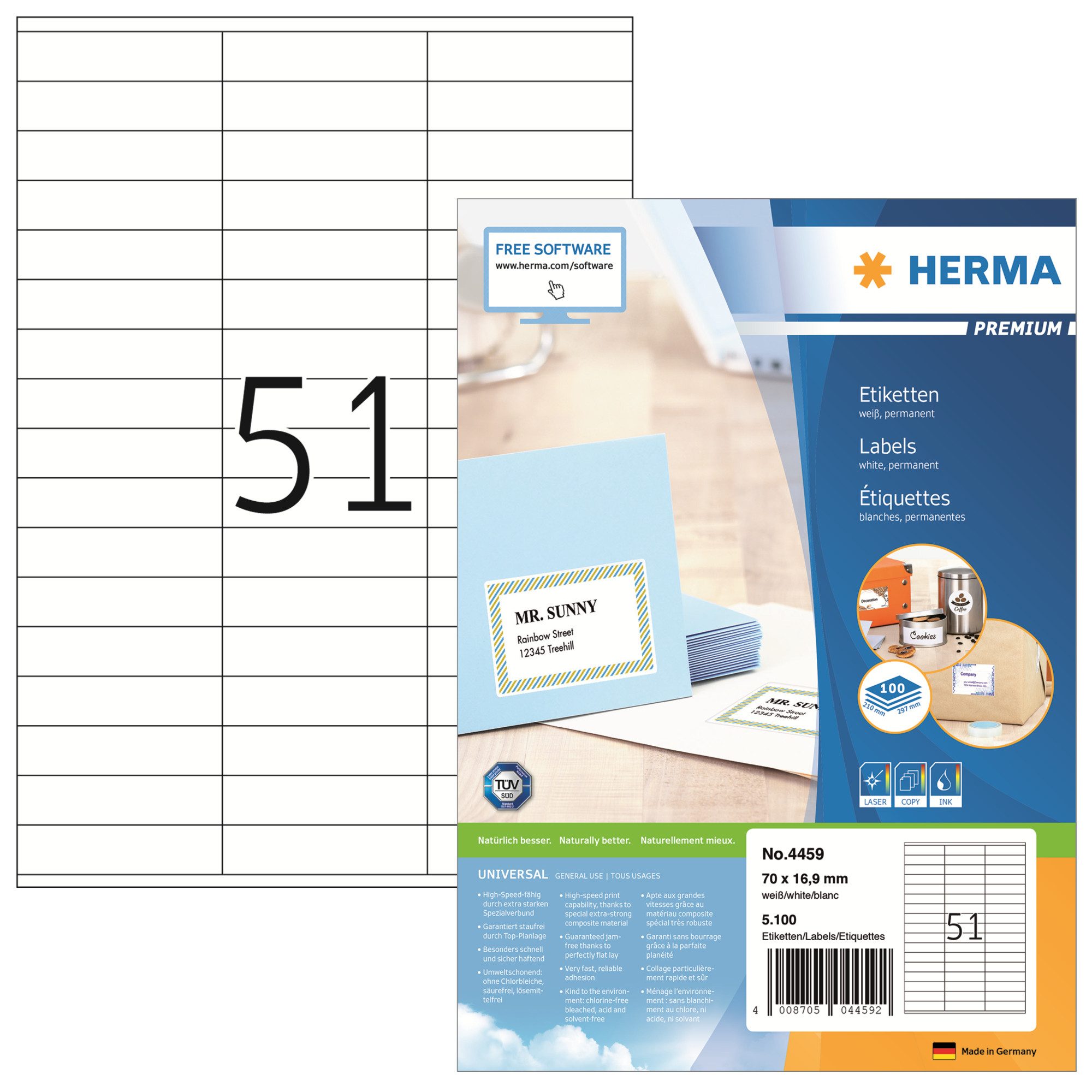 HERMA Etikettenpapier Herma Etiketten permanent haftend 70 x 16,9 mm weiss PREMIUM 100 Bl