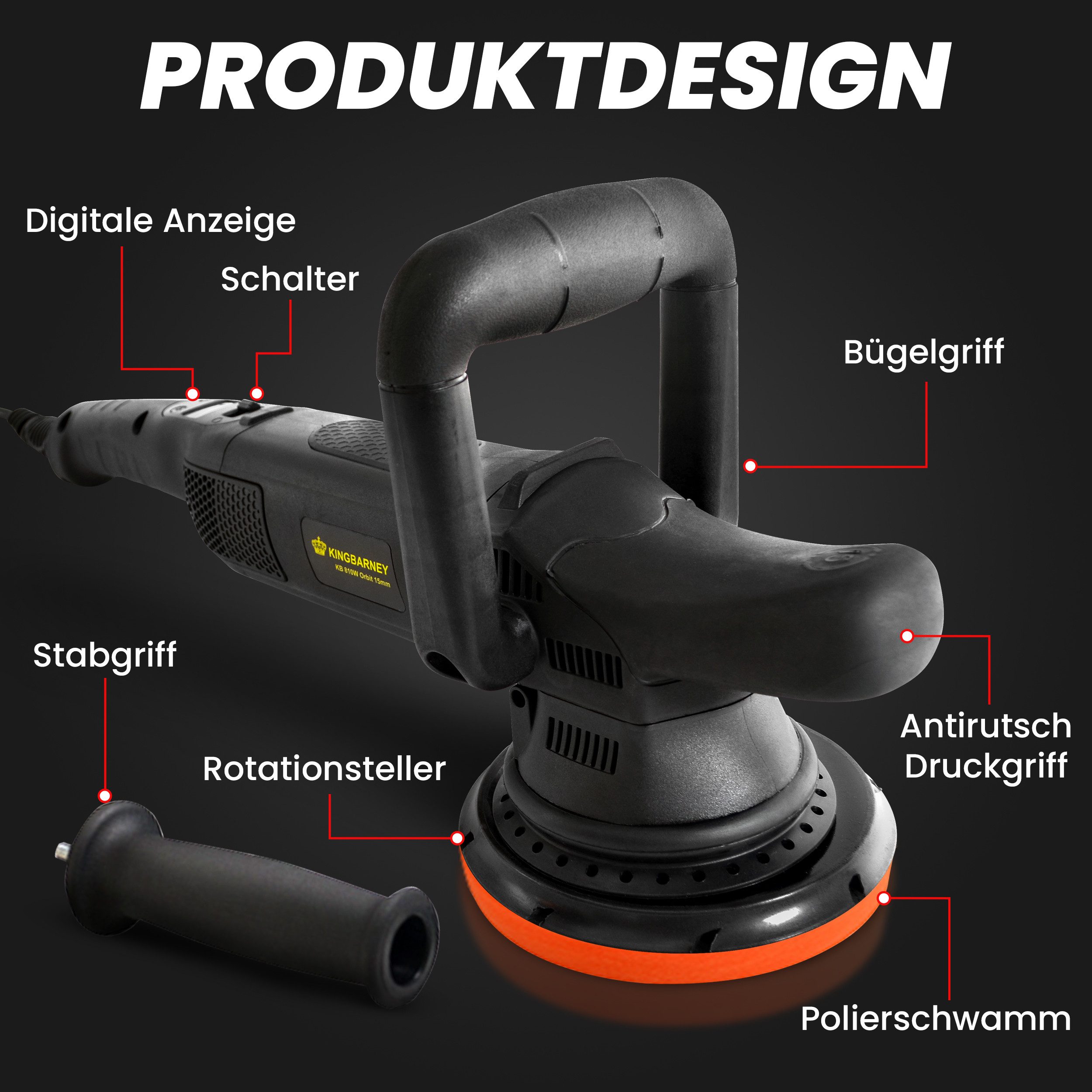 Duke-Handel Eccentric Polisher, Car Polisher, Sander, 810 Watt, 15 mm Stroke (M), 1650 min. RPM, 4800 max. RPM, (Set, 25 pcs., incl. extensive polishing and sanding accessories), without battery and charger, polisher for right- and left-handed users