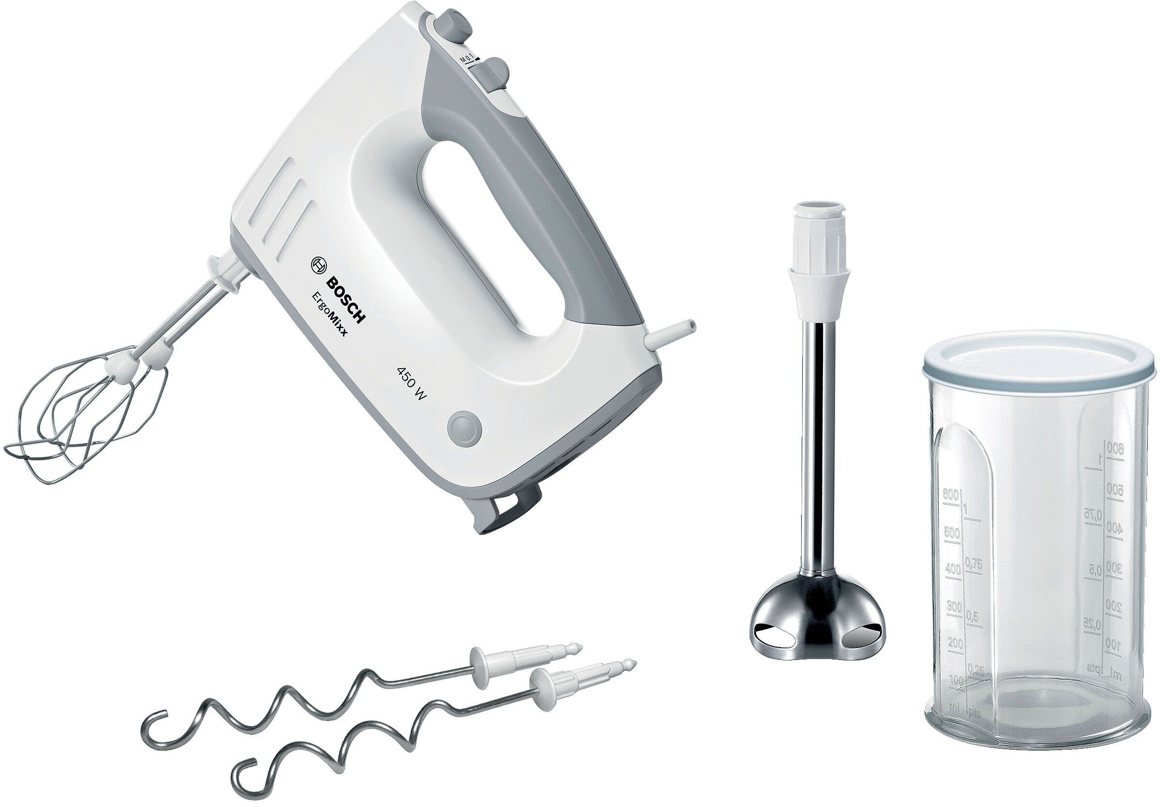 BOSCH Handmixer ErgoMixx MFQ36470, Edelst. Rührbesen/Knethaken, Mixfuß, 5 Stufen, weiß, 450 W, Turbotaste, Mixbecher, ergon. Soft-Touch-Griff, Made in Europe