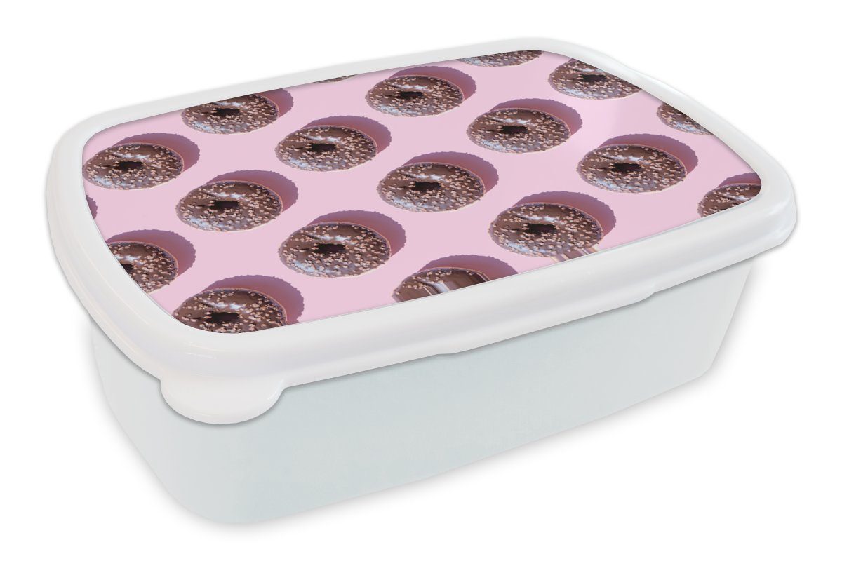 MuchoWow Lunchbox Schokoladendonuts auf rosa Hintergrund, Kunststoff, (2-tlg), Brotbox für Kinder und Erwachsene, Brotdose, für Jungs und Mädchen weiß