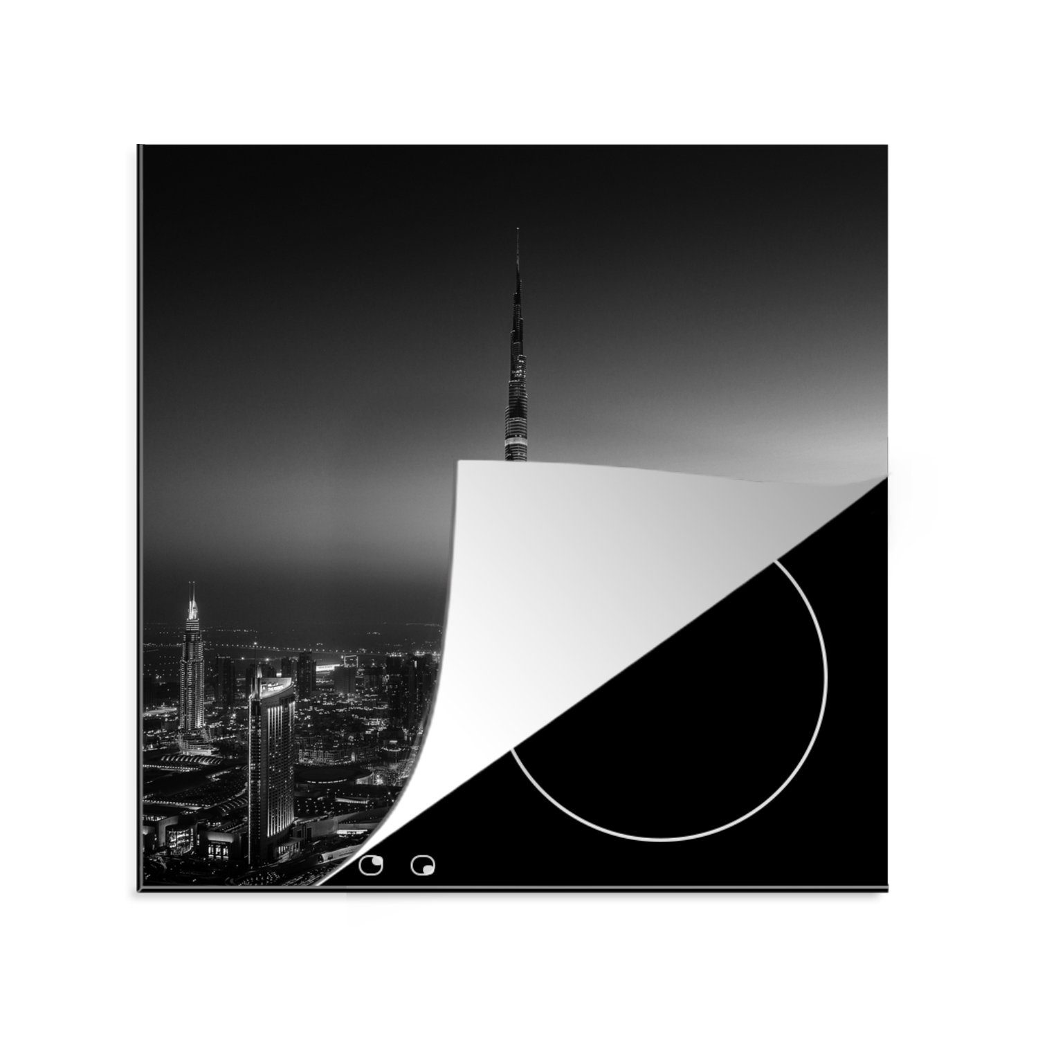 MuchoWow Herdblende-/Abdeckplatte Dubai - Hell - Schwarz - Weiß, Vinyl, (1 tlg), 78x78 cm, Ceranfeldabdeckung, Arbeitsplatte für küche