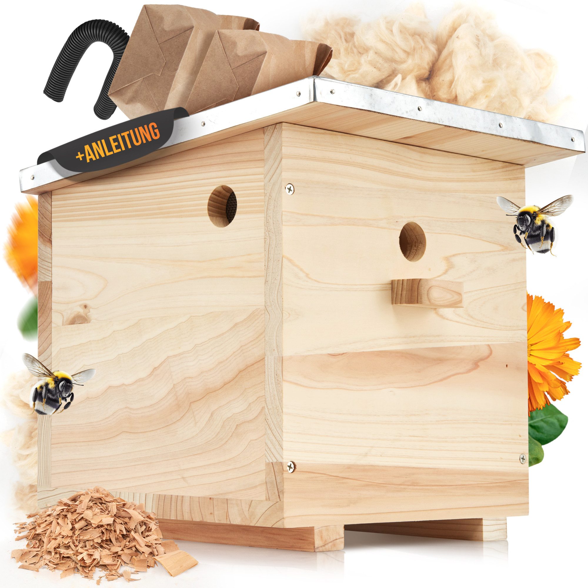BEESI Insektenhotel Hummelhaus groß, (Packung, 1-St., inkl. Nistmaterial I Kapok, Nistkarton, Holzspäne), 32T x 26,8B x 31,5H cm