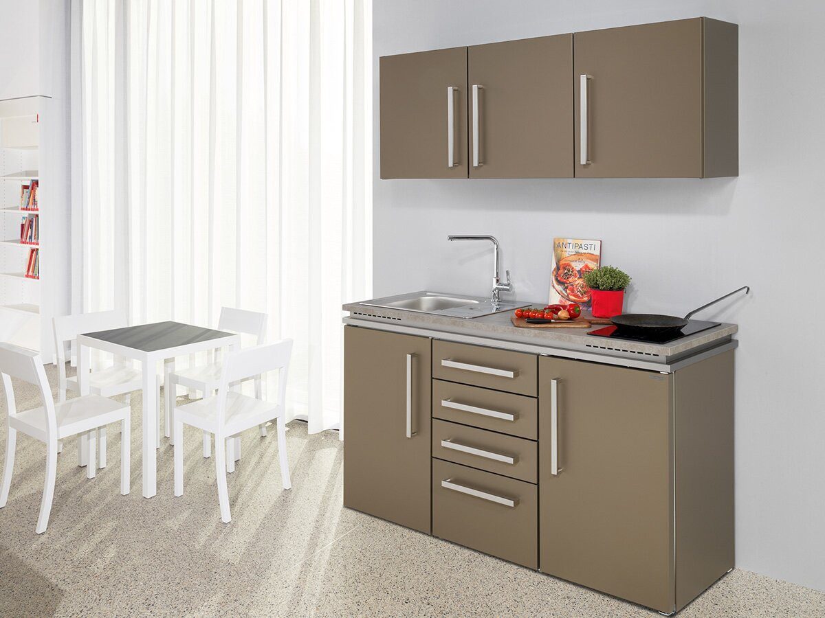 Stengel Küchenzeile 150 cm Single Küche mit Kühlschrank und Schubladen-Unterbau, Küchenblock mit E Geräten