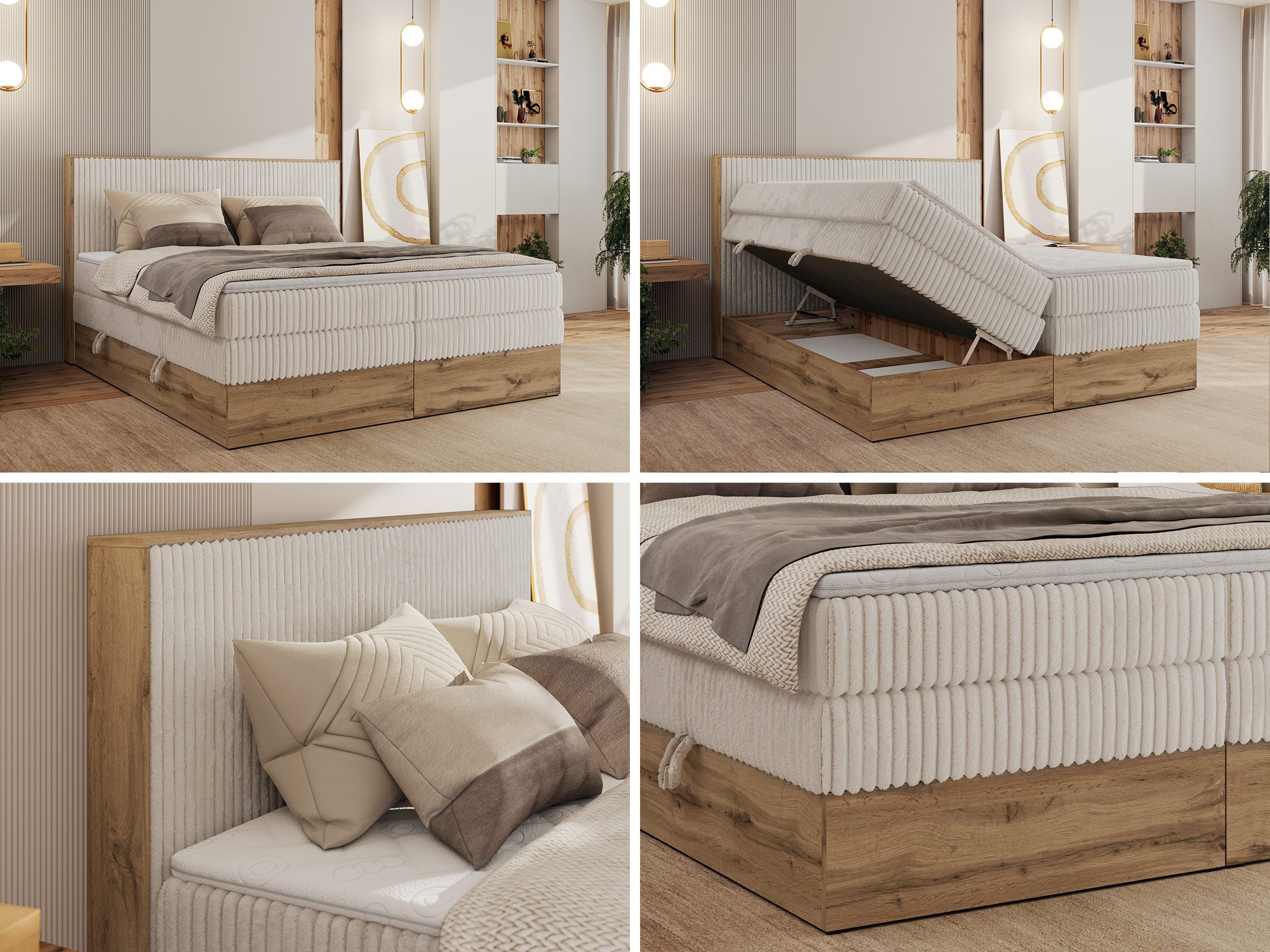 MKS MÖBEL Boxspringbett WOOD CLASSIC KING (Packung, Set, Topper T25/Visco, hohe Kopfteil, Multipocket-Matratze), Polsterbett, zwei Bettkästen, Möbelplattenelementen