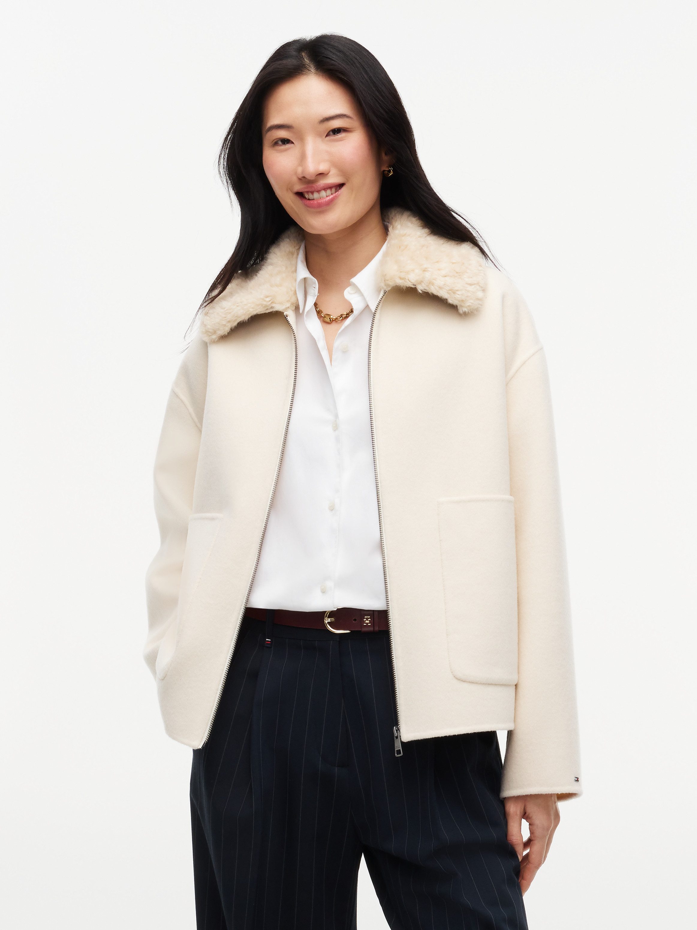 Tommy Hilfiger Kurzjacke DF WOOL ZIP THROUGH JACKET Materialmix, mit Wolle