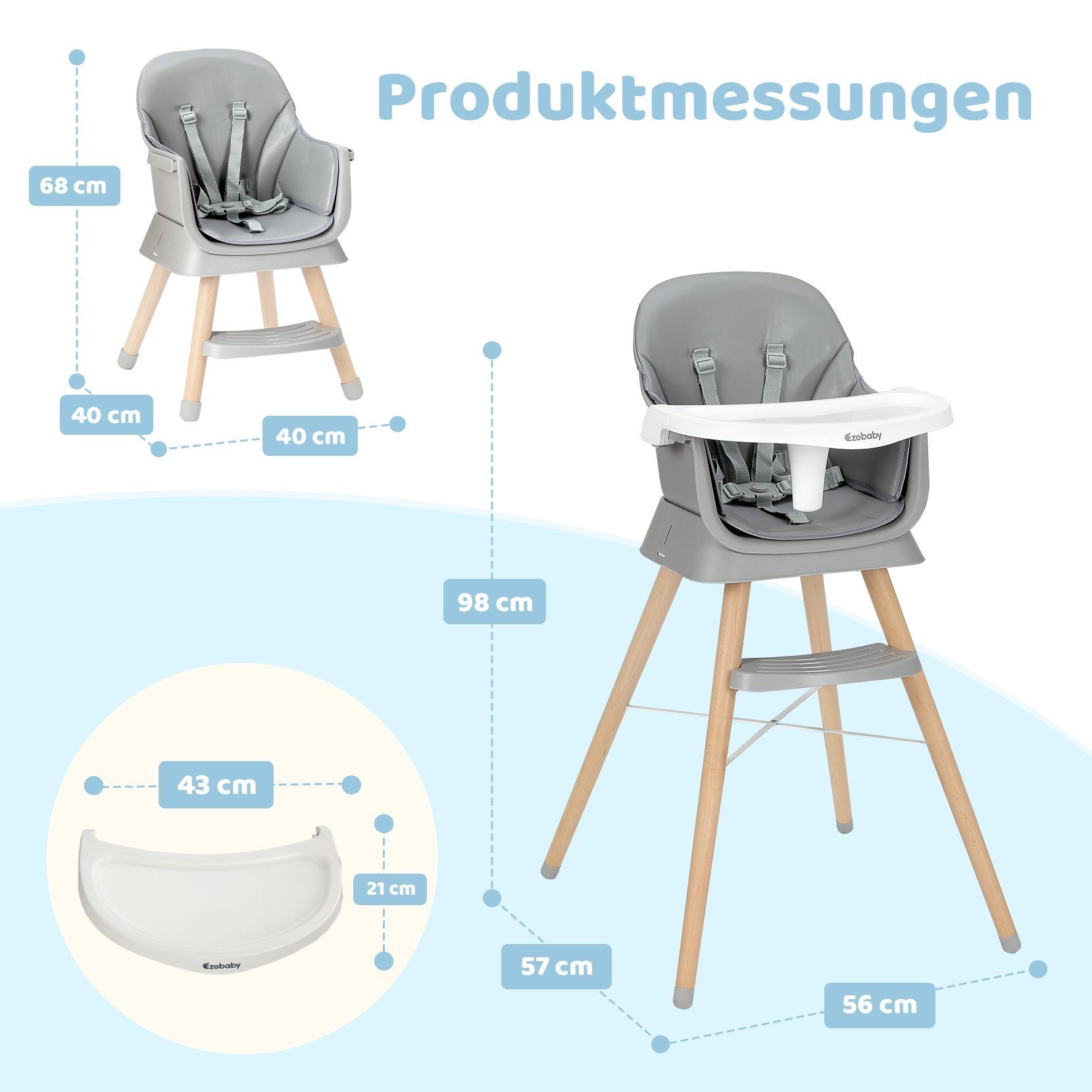 Ezebaby Holzstuhl 6in1 Multfunktional Babystuhl Sitzerhöhung Kinderstuhl Barhocker – Bild 4 von 5