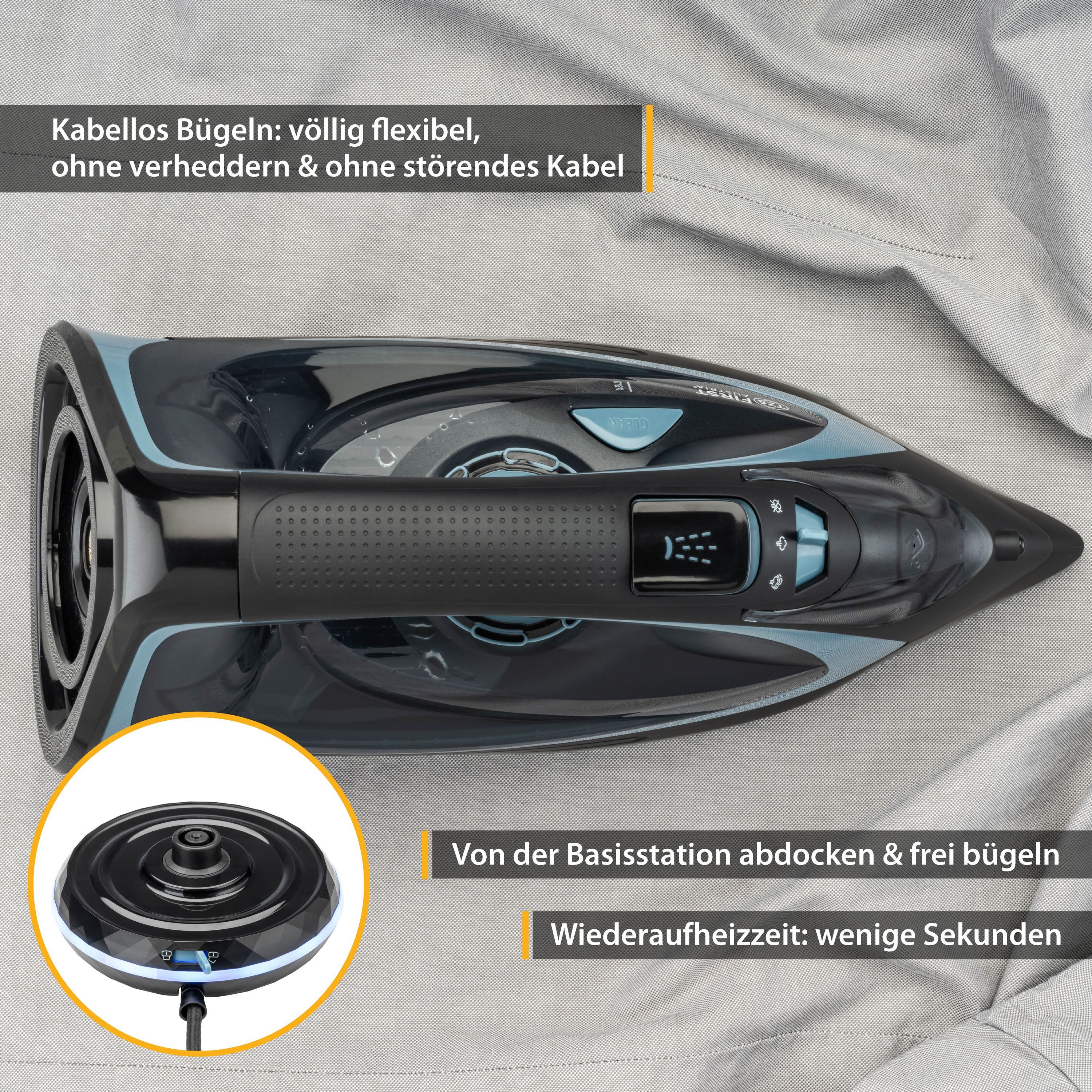 TZS FIRST AUSTRIA Dampfbügeleisen kabellos 2400W, Keramiksohle, 52 Düsen, 20g/min, 0,7g Dampfstoß, 2400 W, Kabelloses Dampfbügeleisen, Antikalk, Vertikaldampf,  – Bild 5 von 5