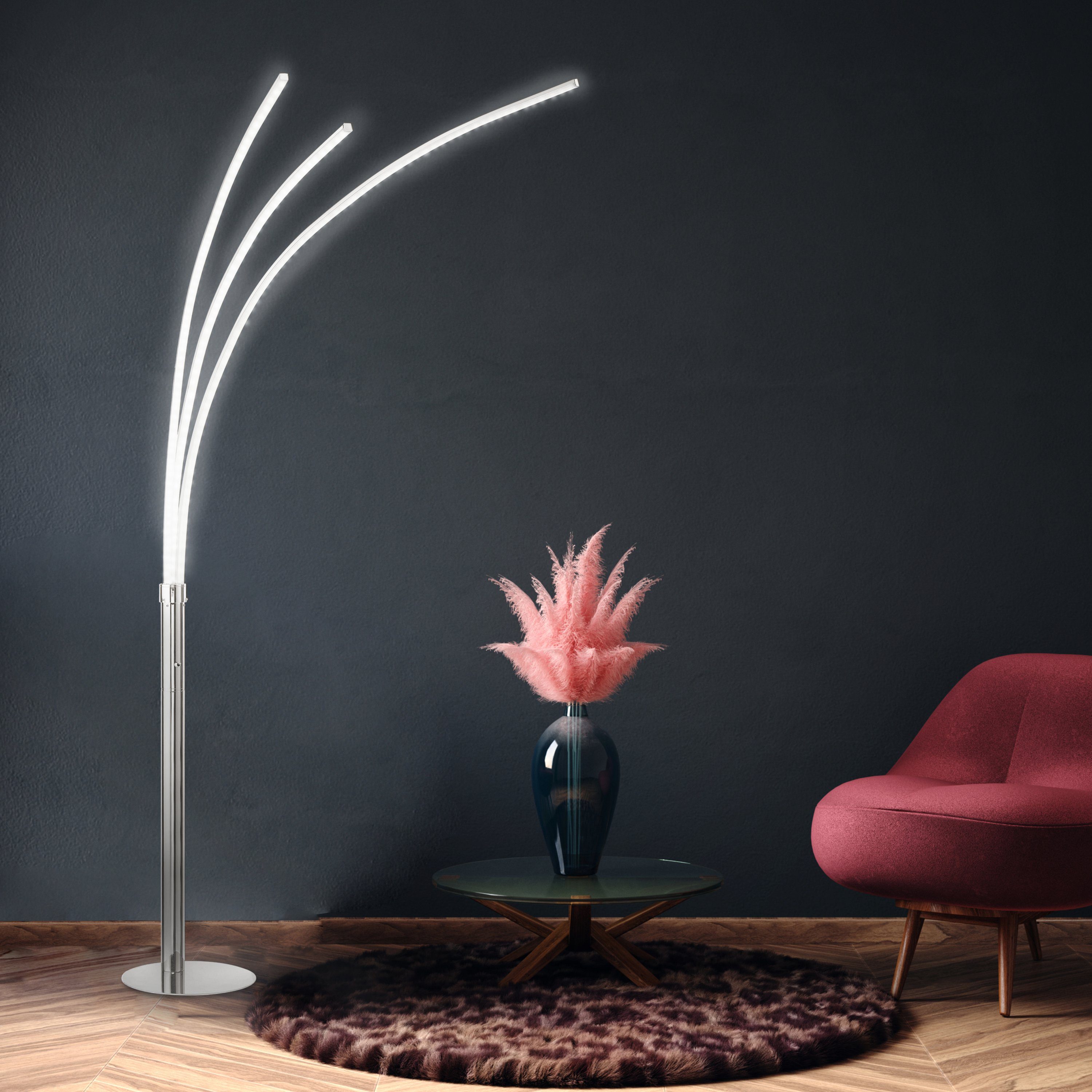 SellTec Stehlampe LED Stehlampe Bogenleuchte, steuerbar durch Kippschalter, 1xLED/ 6,80 Watt, warmweiß, LED Bogenlampe 3-flammig, warmweiß