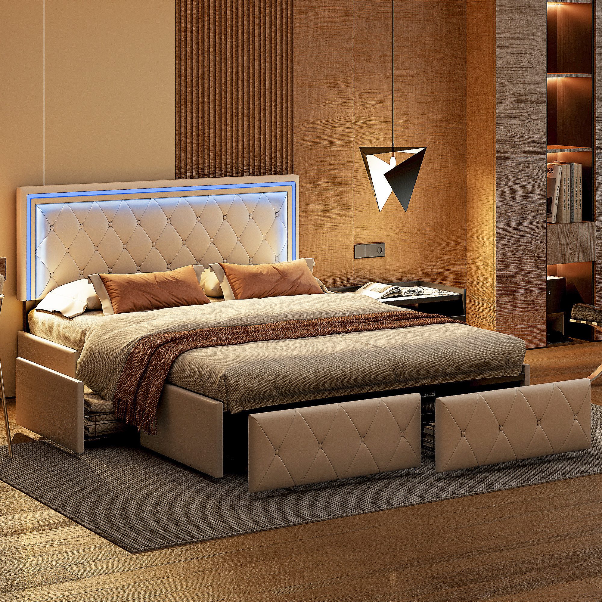 Simurq Stauraumbett Polsterbett 140x200 mit LED höhenverstellbarem Kopfteil & 4 Schubladen (LED Doppelbett 140x200 mit Lattenrost,PU, Jugendbett Funktionsbett Bettgestell aus Holz,PU,ohne Matratze)