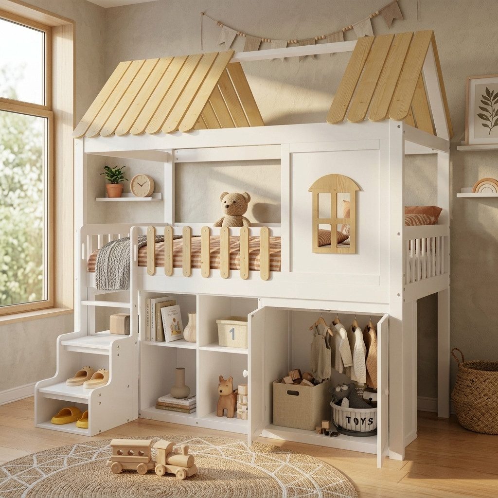 Flieks Hochbett Etagenbett Massivholz Hausbett 90x200cm mit Kleiderschrank und Regalen