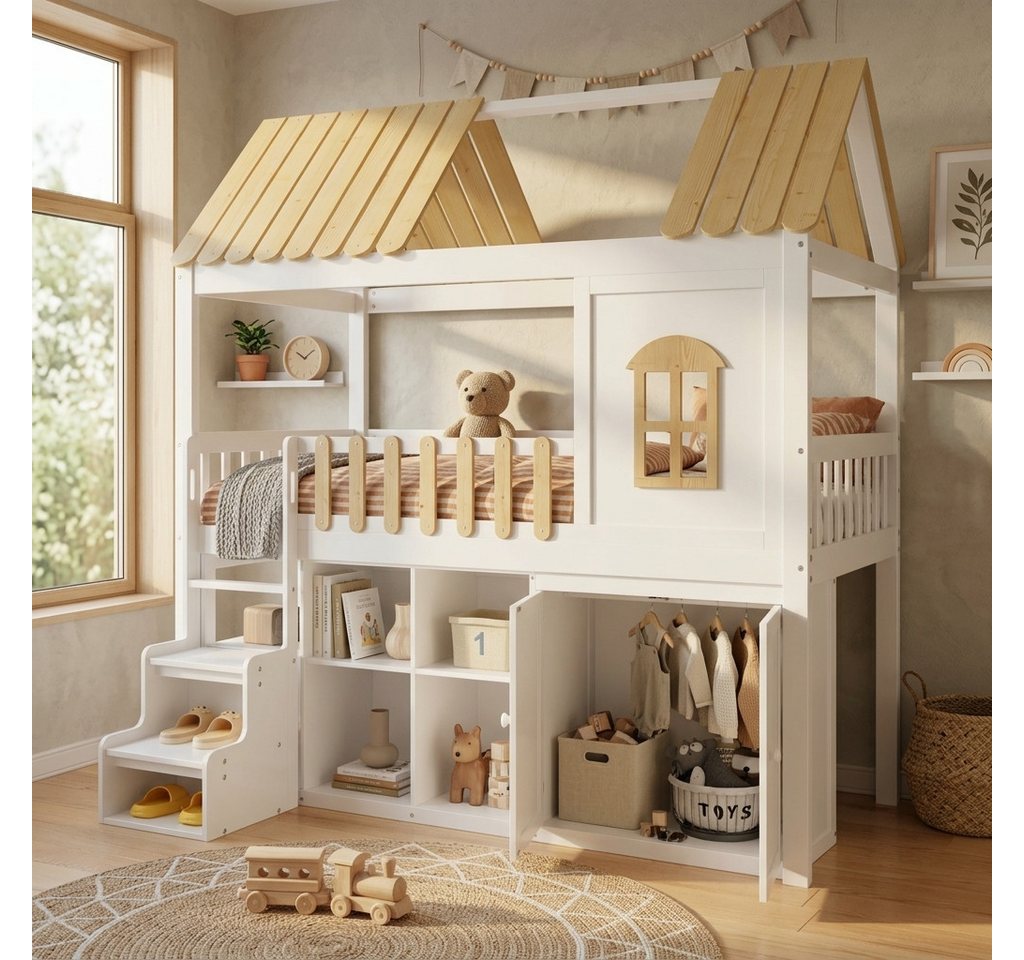 Flieks Hochbett Etagenbett Massivholz Hausbett 90x200cm mit Kleiderschrank und Regalen