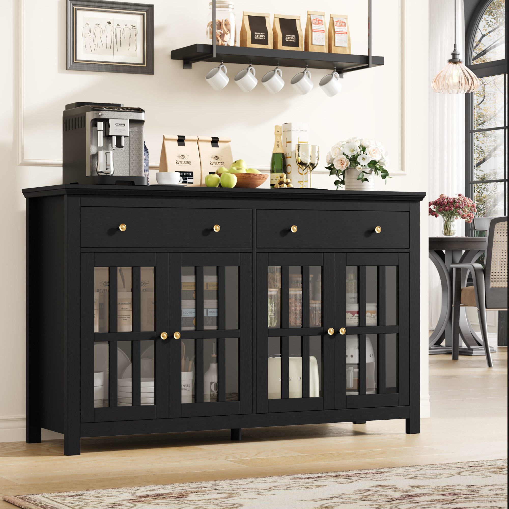Homfa Sideboard Küchenschrank, Buffetschrank mit 2 Schubladen 4 Glastüren 1 günstig online kaufen