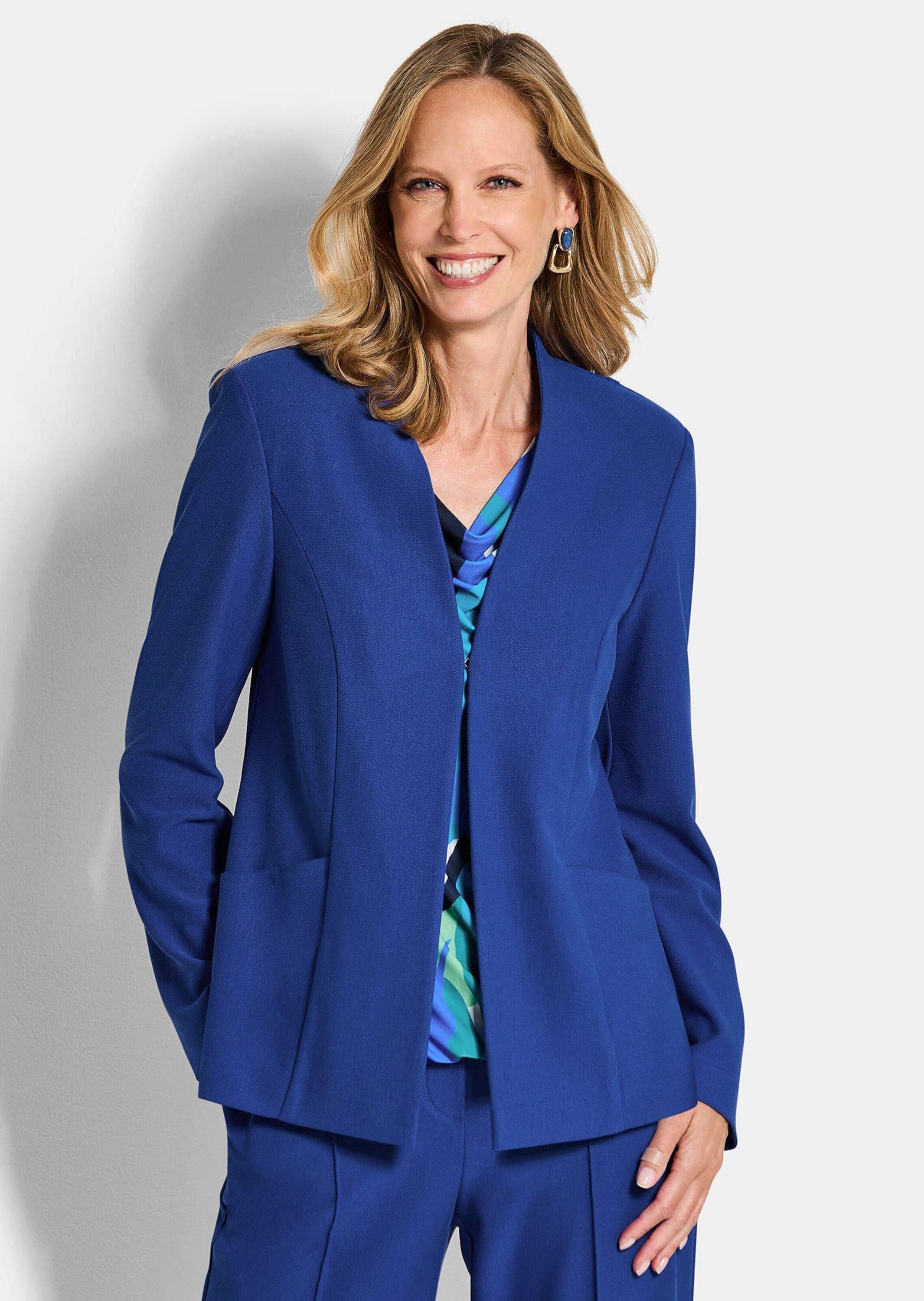 GOLDNER Jerseyblazer Viskoseblazer in Piqué-Optik Anzugjacke mit V-Ausschnitt, Taschen, Häckchenenverschluss und Langarm