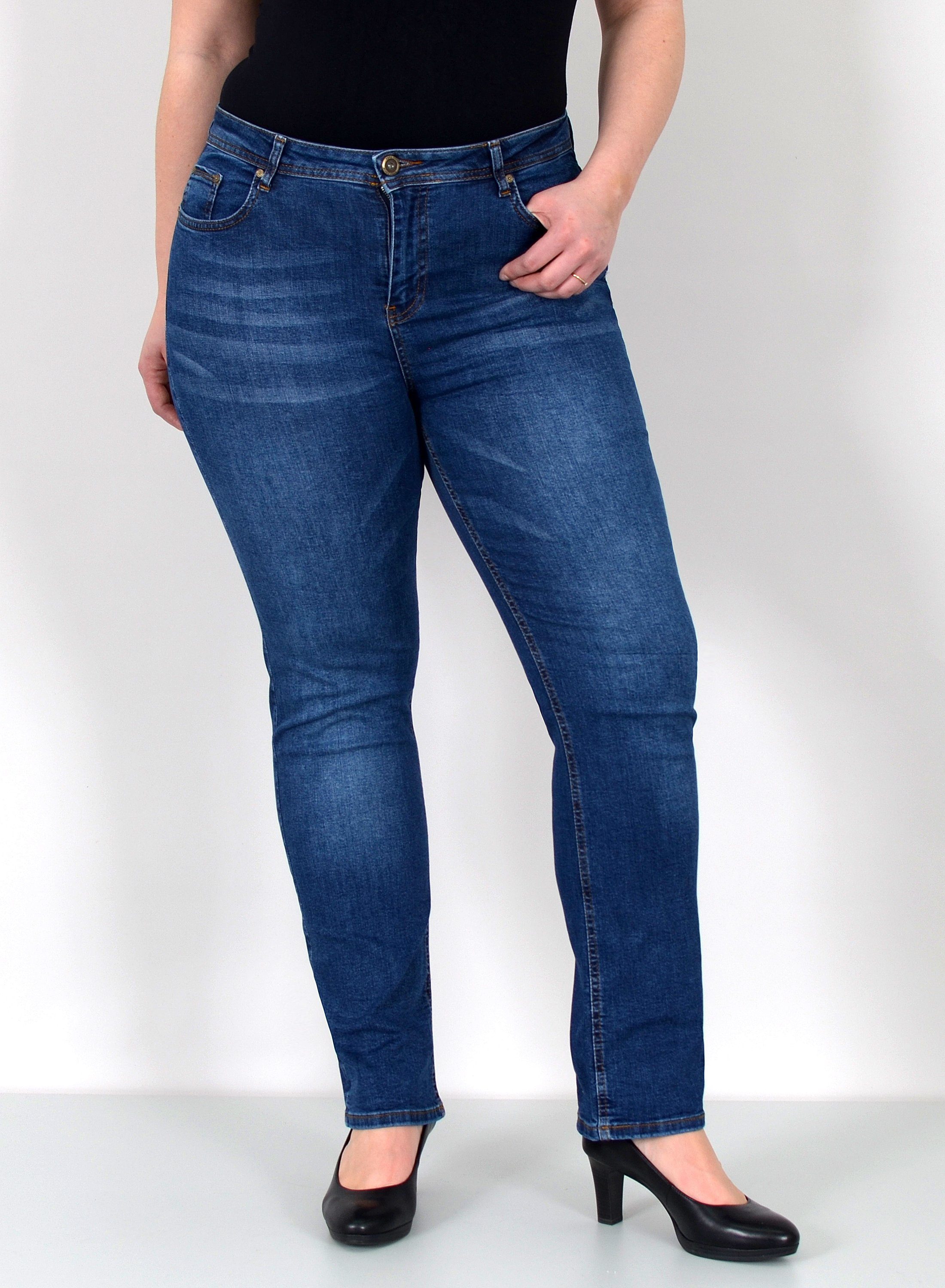 ESRA Straight-Jeans Gerade Schnitt Jeans hoher Bund mit Stretch bis Plus Size Übergröße Straight Jeans Damen High Waist Stretch Jeans Hose mit geradem Bein