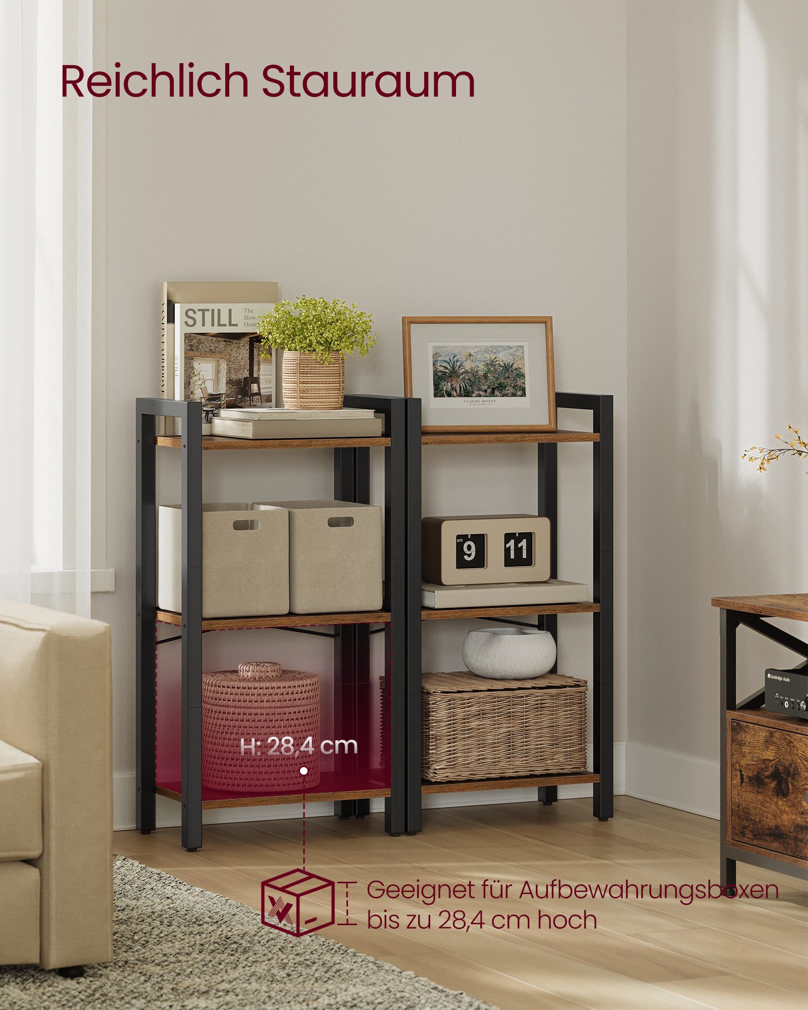 VASAGLE Standregal Bücherregal, 40 x 24 x 107 cm, für Wohnzimmer, Arbeitszimmer und Flur, mit 3 Ebenen, Büroregal, offene Ablagen, vintagebraun-tintenschwarz